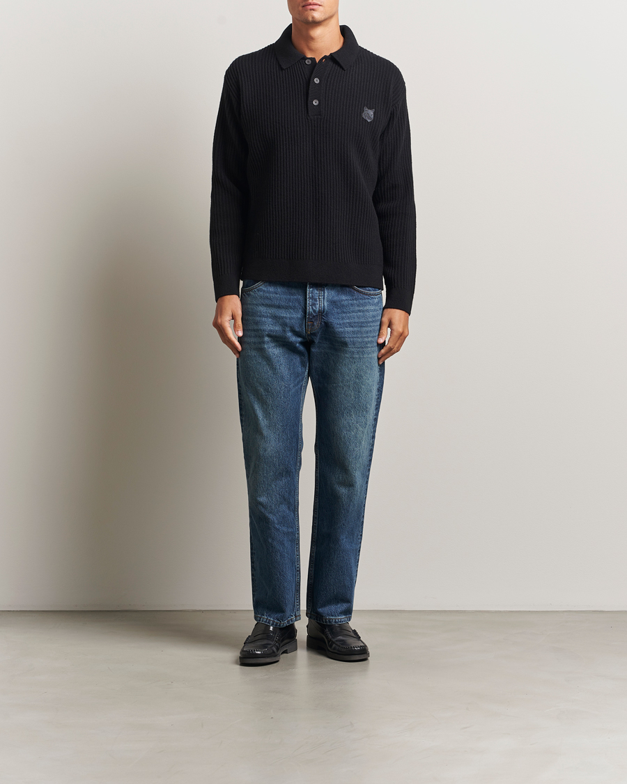Homme | Pulls Et Tricots | Maison Kitsuné | Tonal Fox Head Wool Ribbed Polo Black