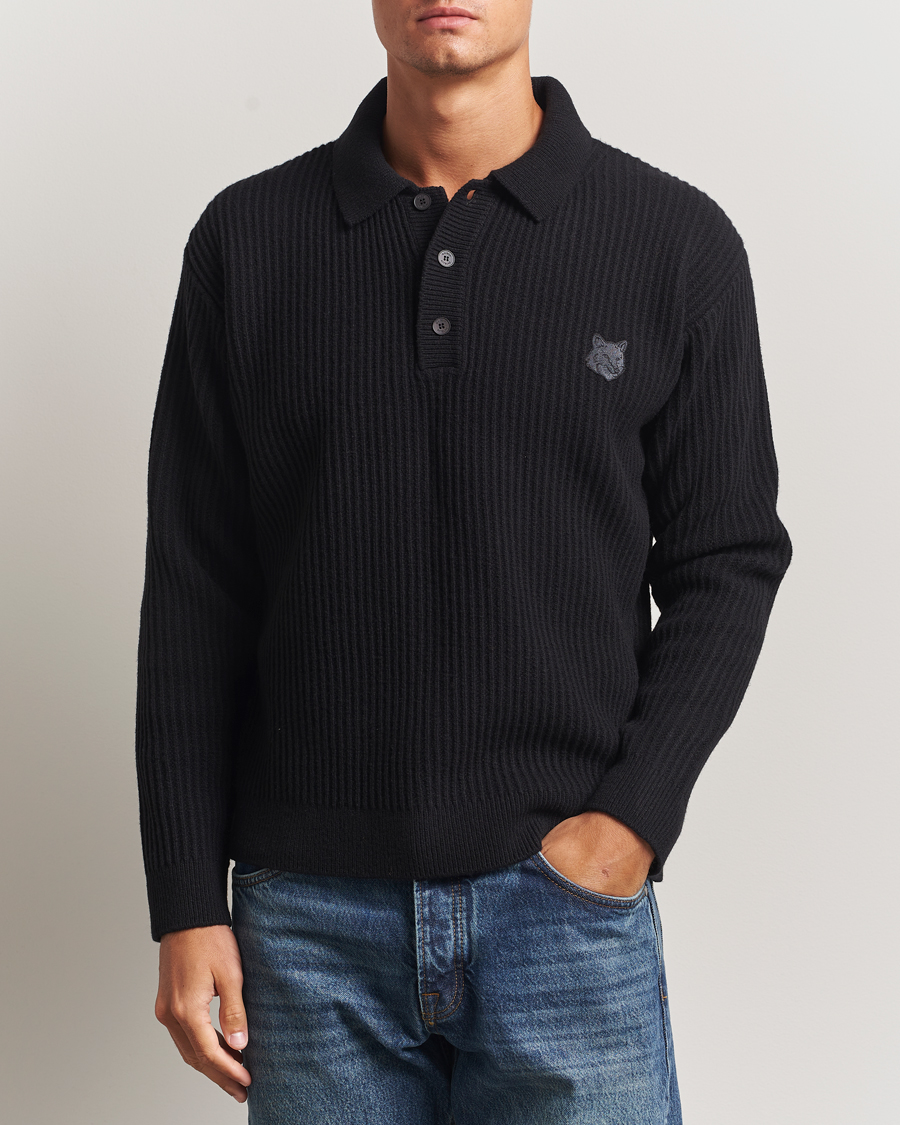 Homme | Pulls Et Tricots | Maison Kitsuné | Tonal Fox Head Wool Ribbed Polo Black