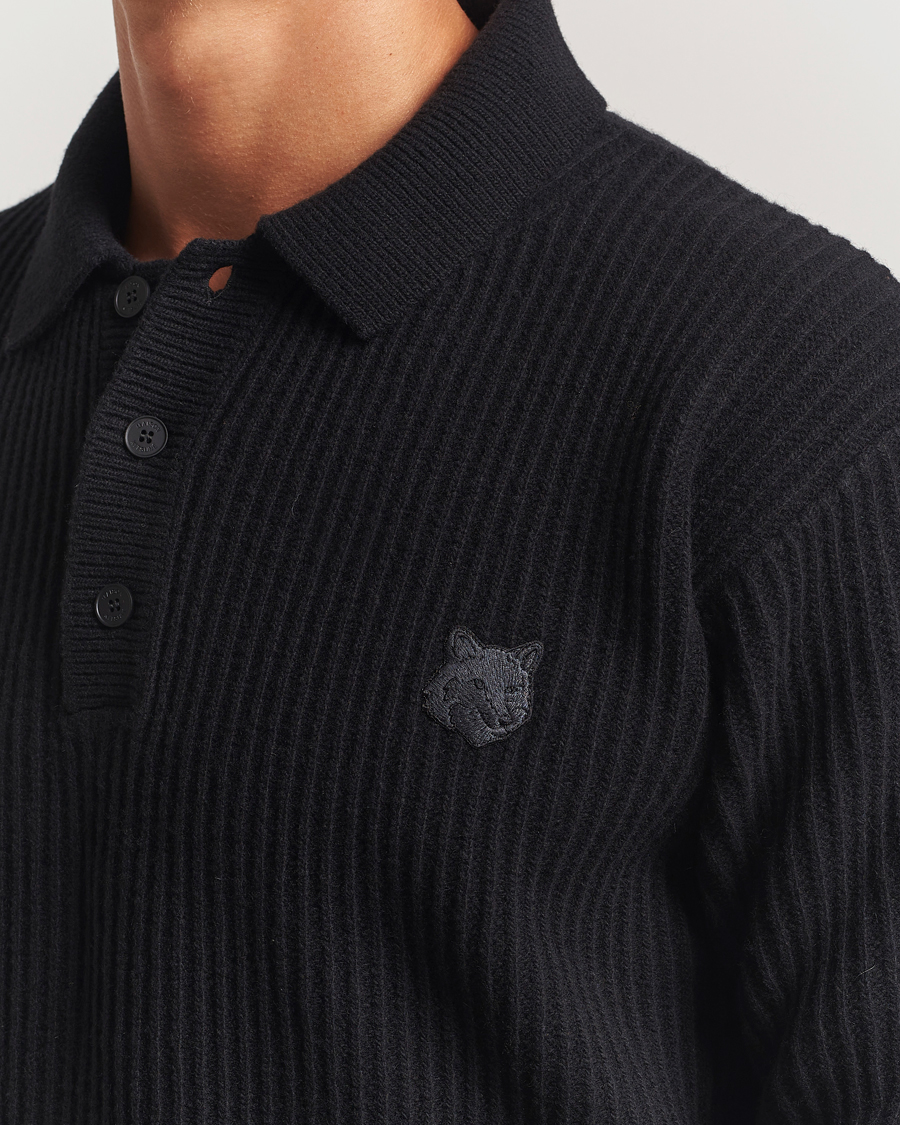Homme | Pulls Et Tricots | Maison Kitsuné | Tonal Fox Head Wool Ribbed Polo Black