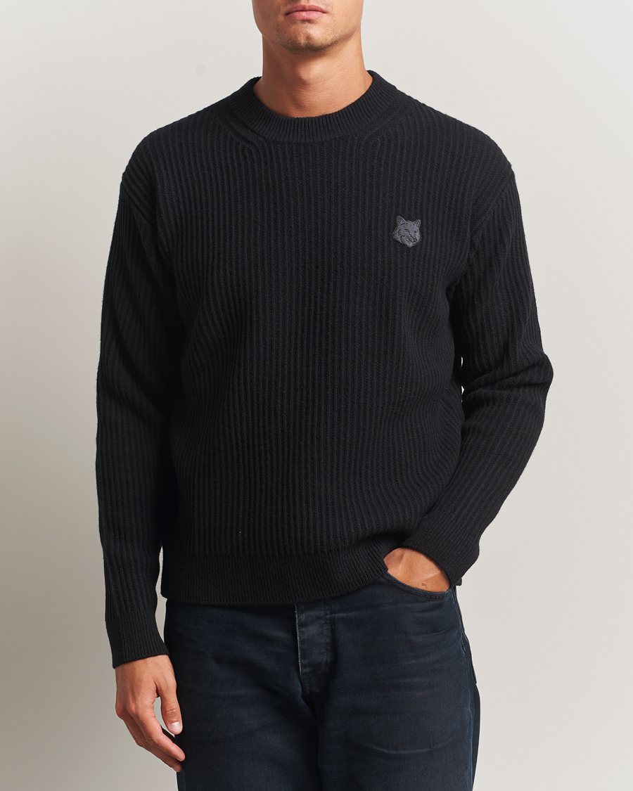 Homme | Pulls Et Tricots | Maison Kitsuné | Tonal Fox Head Wool Ribbed Sweater Black