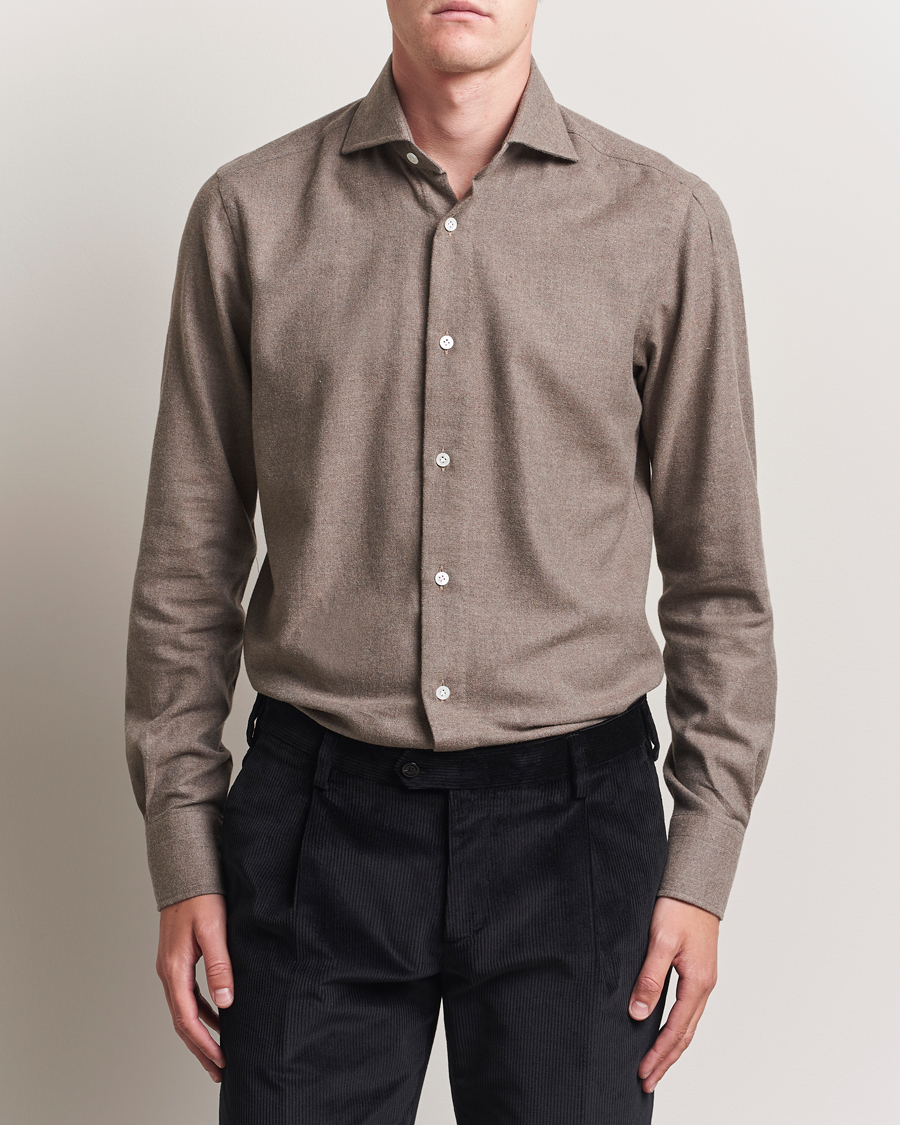 Heren | Overhemden | 100Hands | Herringbone Flannel Cut Away Shirt Caramel