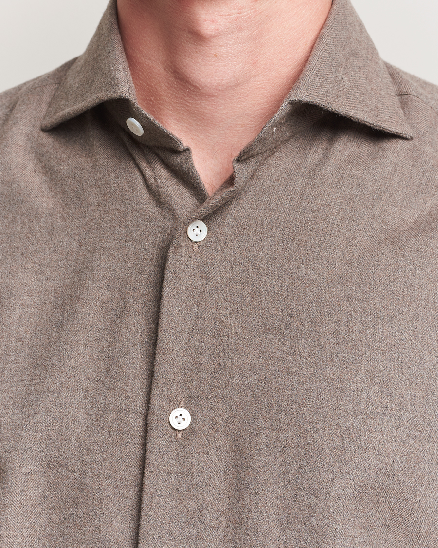 Heren | Overhemden | 100Hands | Herringbone Flannel Cut Away Shirt Caramel