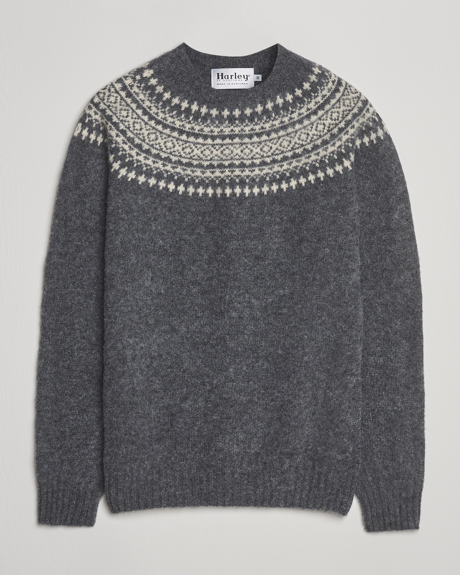 Heren | Truien | Harley Of Scotland | Brushed Supersoft Lambswool Yolk Fairisle Grey
