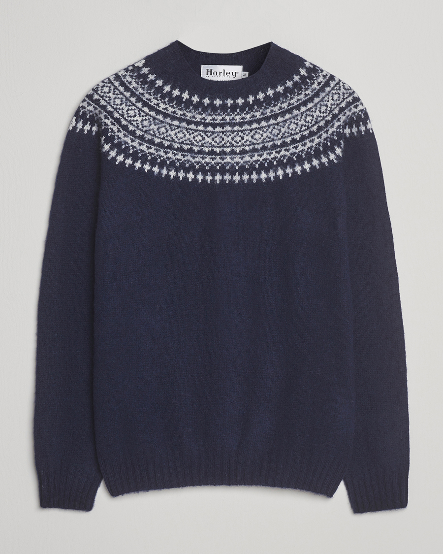 Homme | Pulls Et Tricots | Harley Of Scotland | Brushed Supersoft Lambswool Yolk Fairisle Navy
