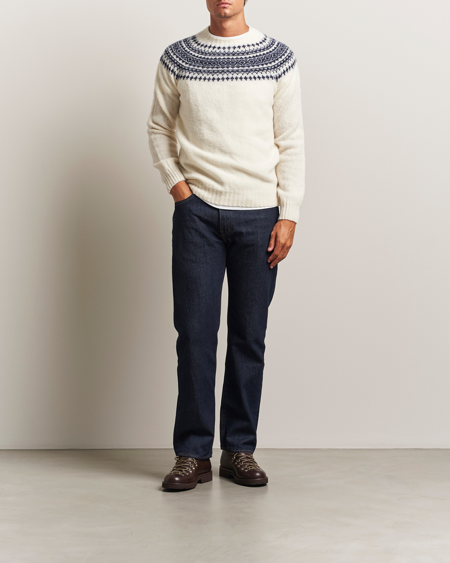 Heren | Truien | Harley Of Scotland | Brushed Supersoft Lambswool Yolk Fairisle White