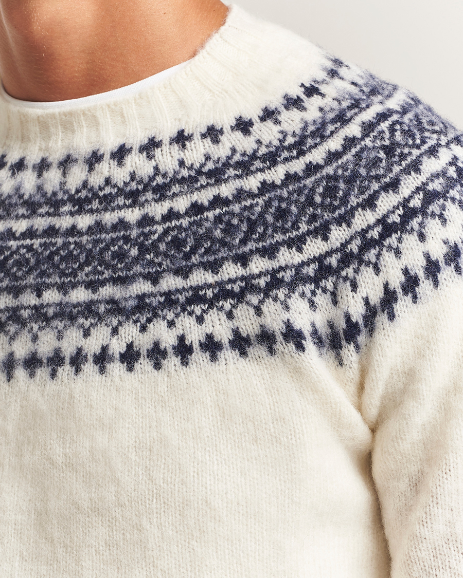 Heren | Truien | Harley Of Scotland | Brushed Supersoft Lambswool Yolk Fairisle White