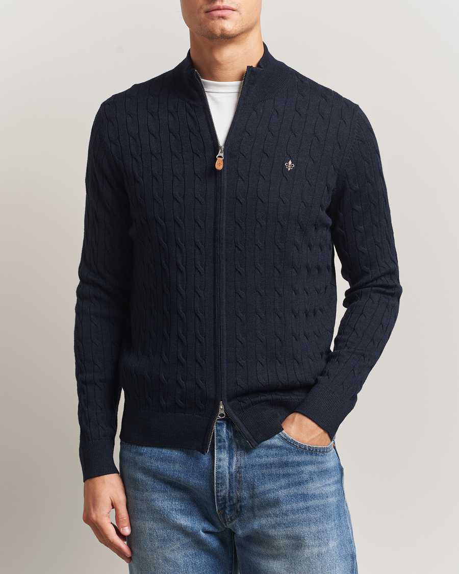 Heren | Truien | Morris | Merino Cable Zip Cardigan Navy