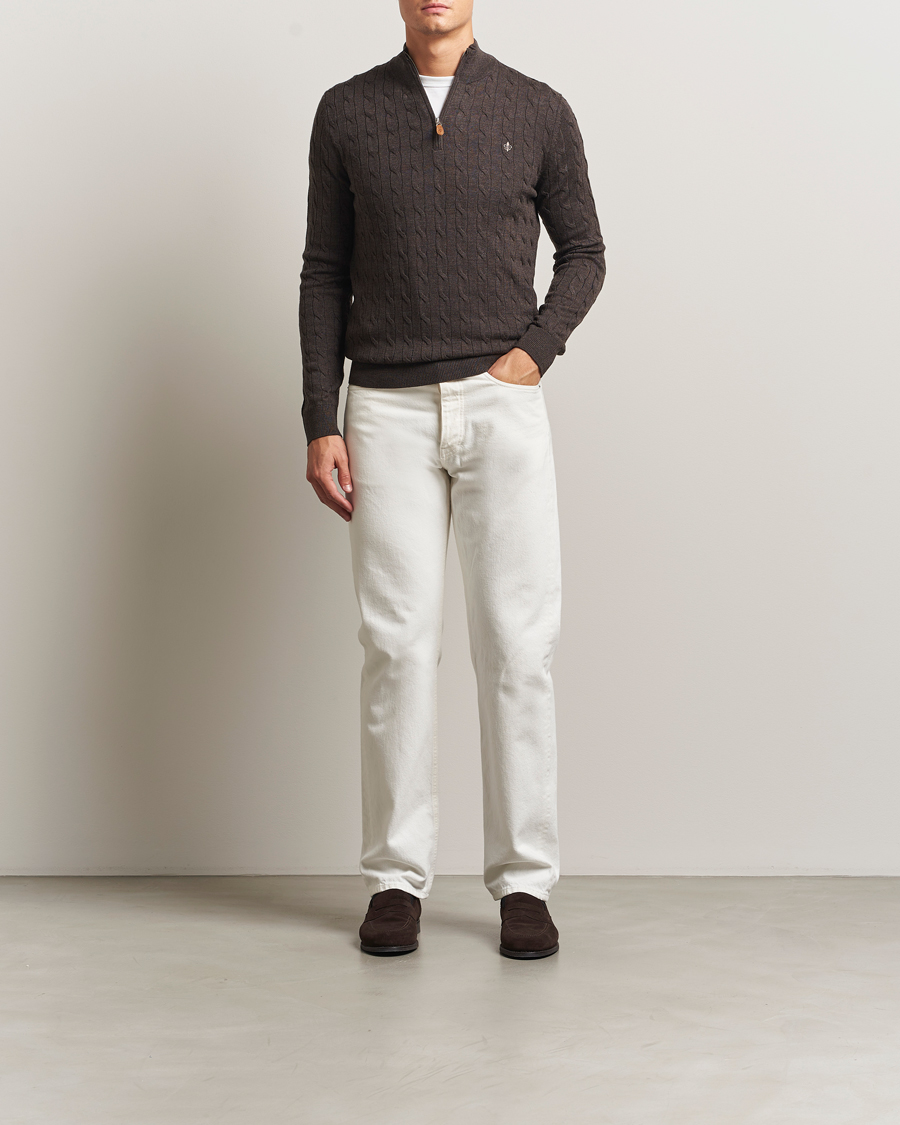 Heren | Truien | Morris | Merino Cable Half Zip Dark Brown