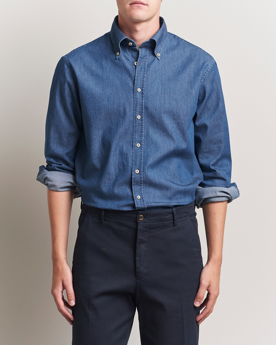 Homme | Chemises | Stenströms | Regular Fit Button Down Garment Washed Shirt Denim