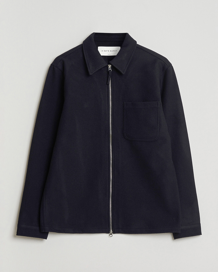 Heren | Overhemden | A Day's March | Fraser Wool Zip Overshirt Navy