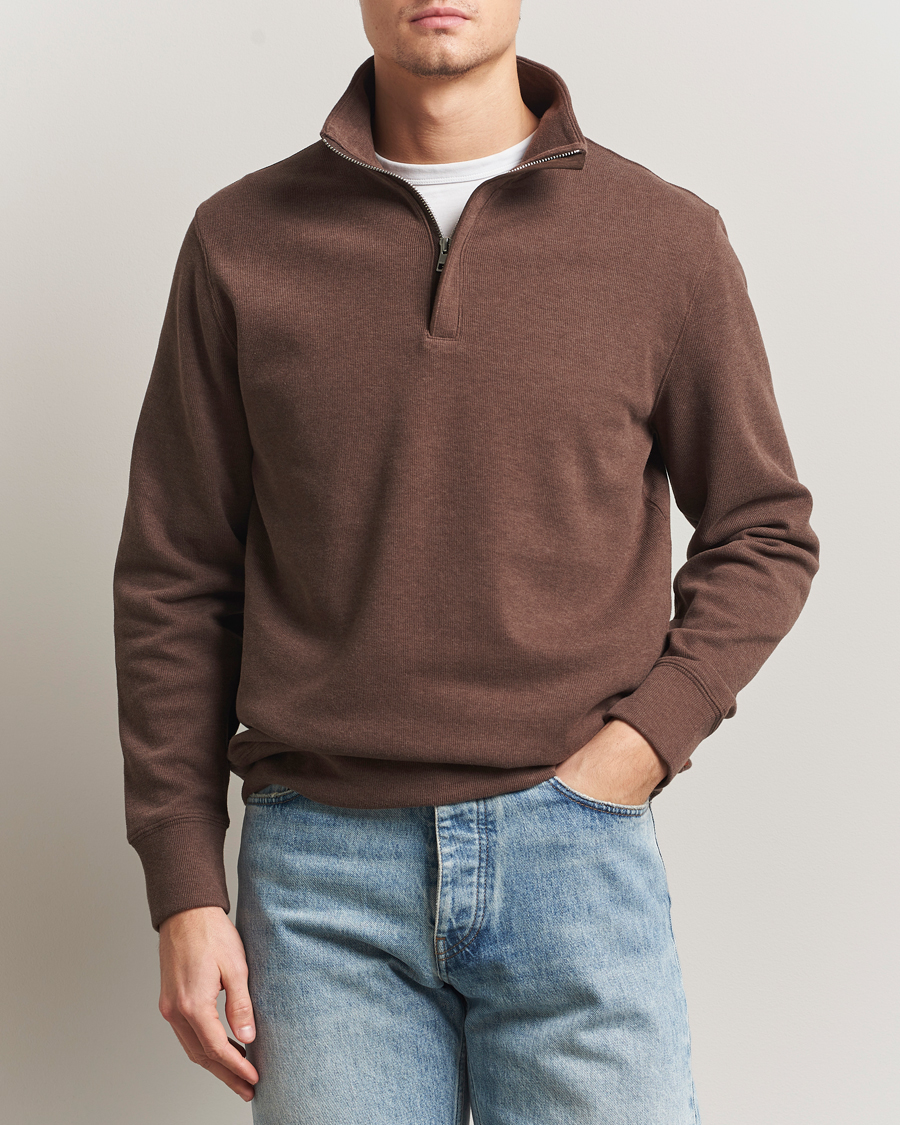 Heren | Truien | Gant | Light Sacker Rib Half Zip Dark Brown Melange