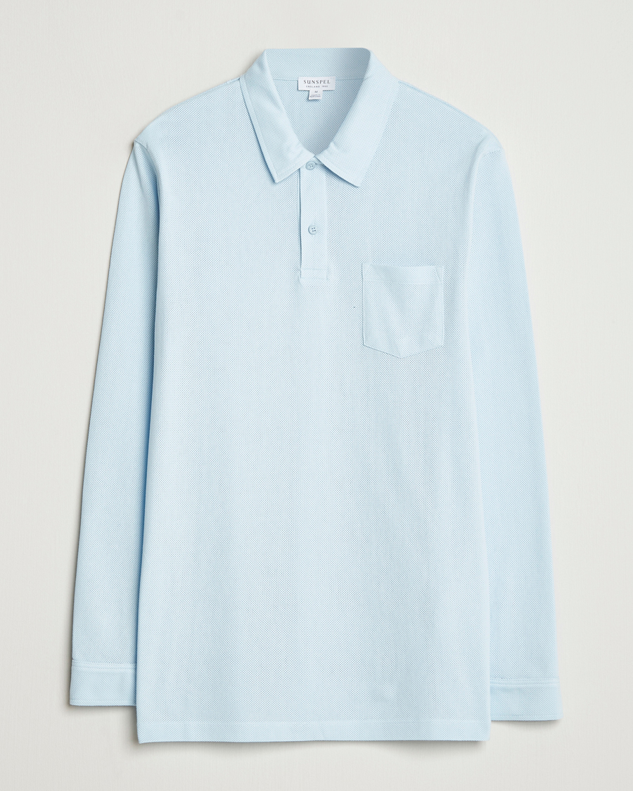 Homme | Polos | Sunspel | Long Sleeve Riviera Polo Shirt Frost Blue