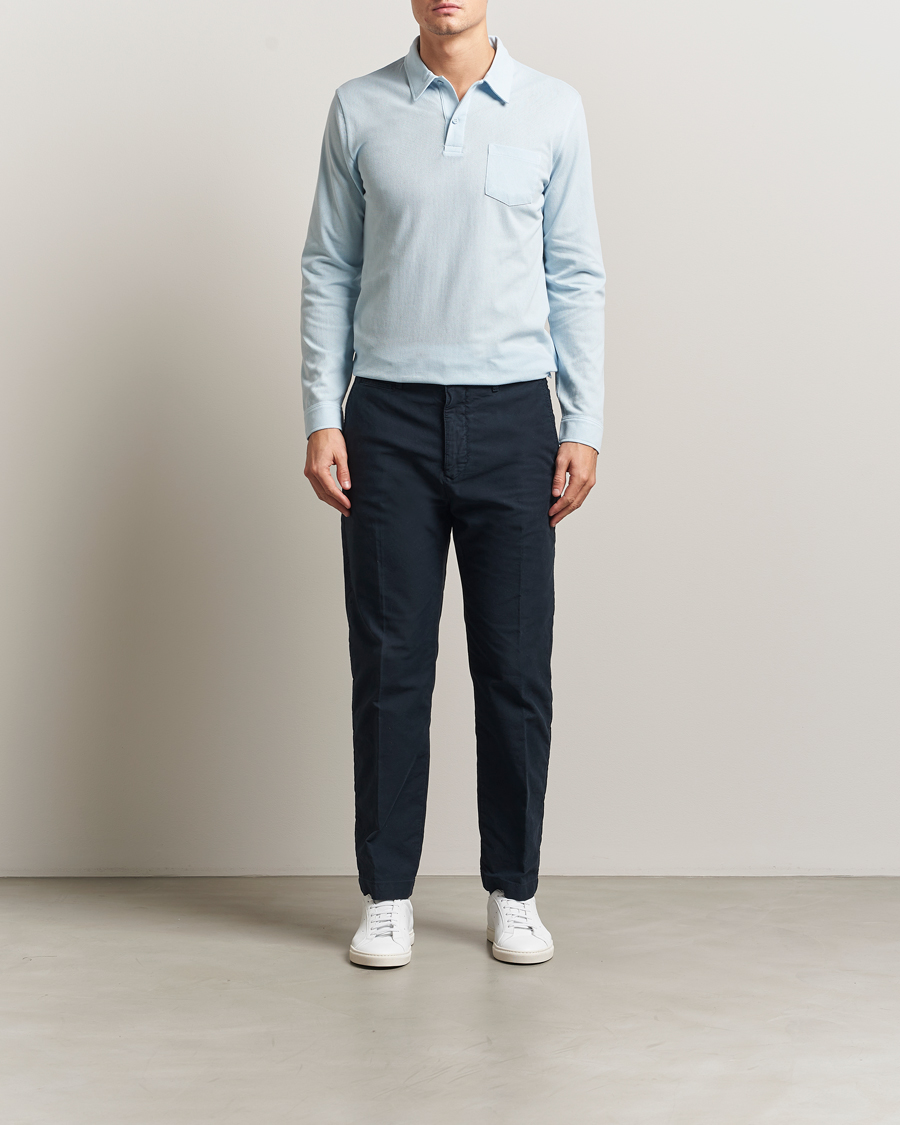 Homme | Polos | Sunspel | Long Sleeve Riviera Polo Shirt Frost Blue