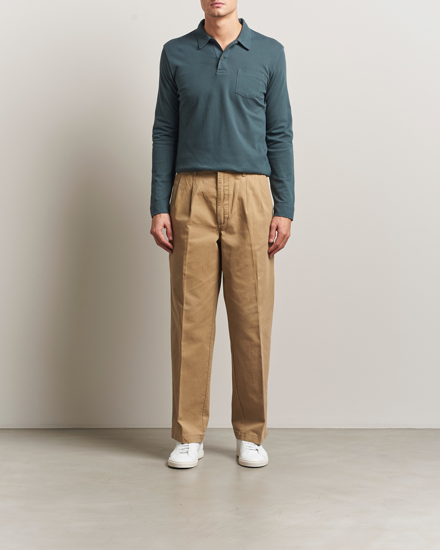 Homme | Polos | Sunspel | Long Sleeve Riviera Polo Shirt Dark Petrol