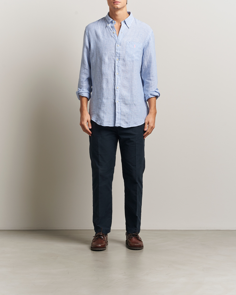 Homme | Chemises | Polo Ralph Lauren | Custom Fit Linen Striped Shirt Light Blue/White