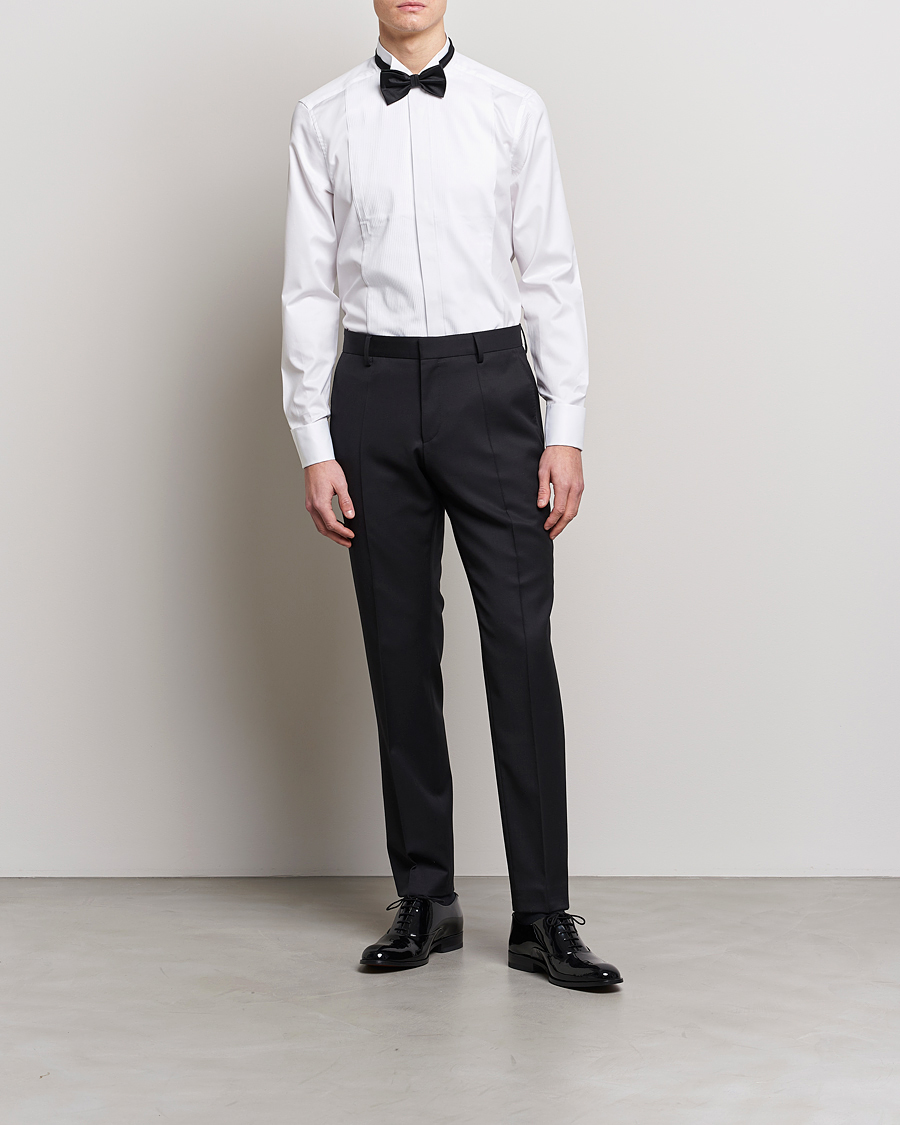 Heren | Overhemden | Stenströms | Slimline Stand Up Collar Plissè Shirt White