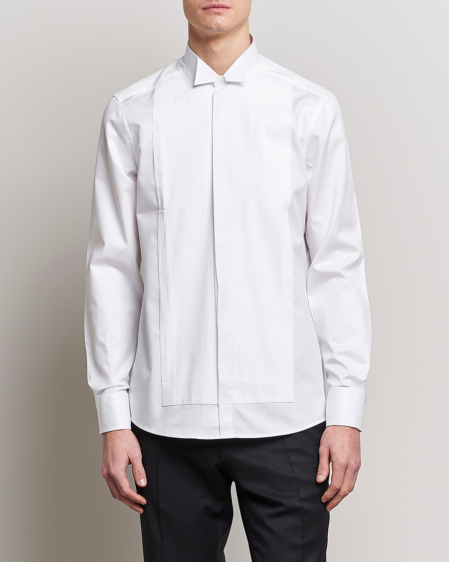 Heren | Overhemden | Stenströms | Slimline Stand Up Collar Plissè Shirt White