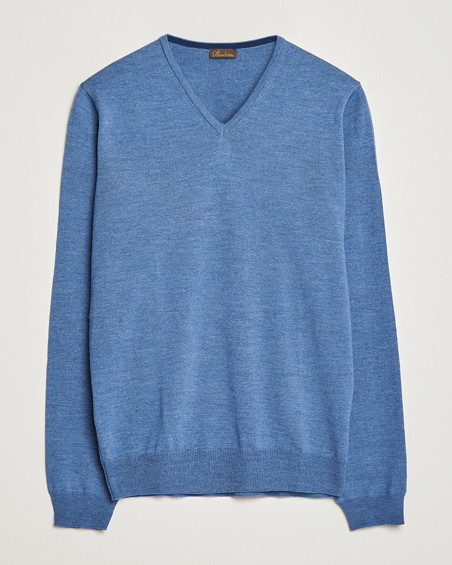 Heren | Truien | Stenströms | Merino Patch V-Neck Light Blue/Blue