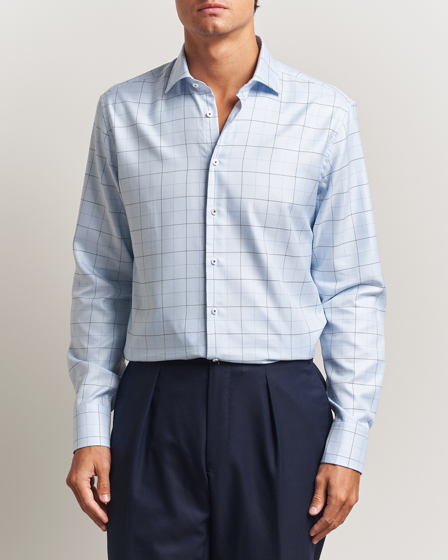 Heren | Overhemden | Stenströms | Regular Fit Cut Away Windowpane Shirt Blue