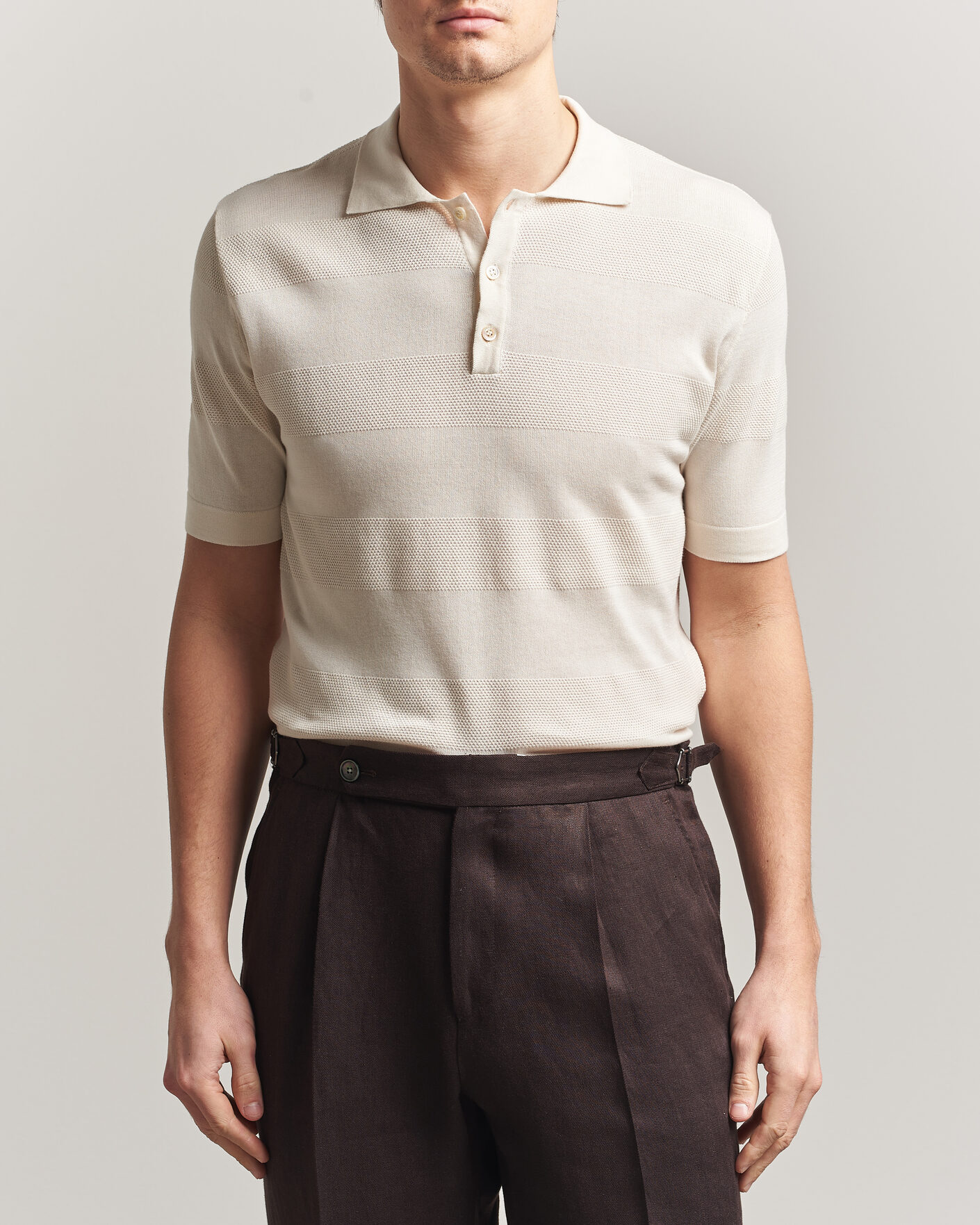 Heren | Polo's | Altea | Block Stripe Knitted Polo Off White