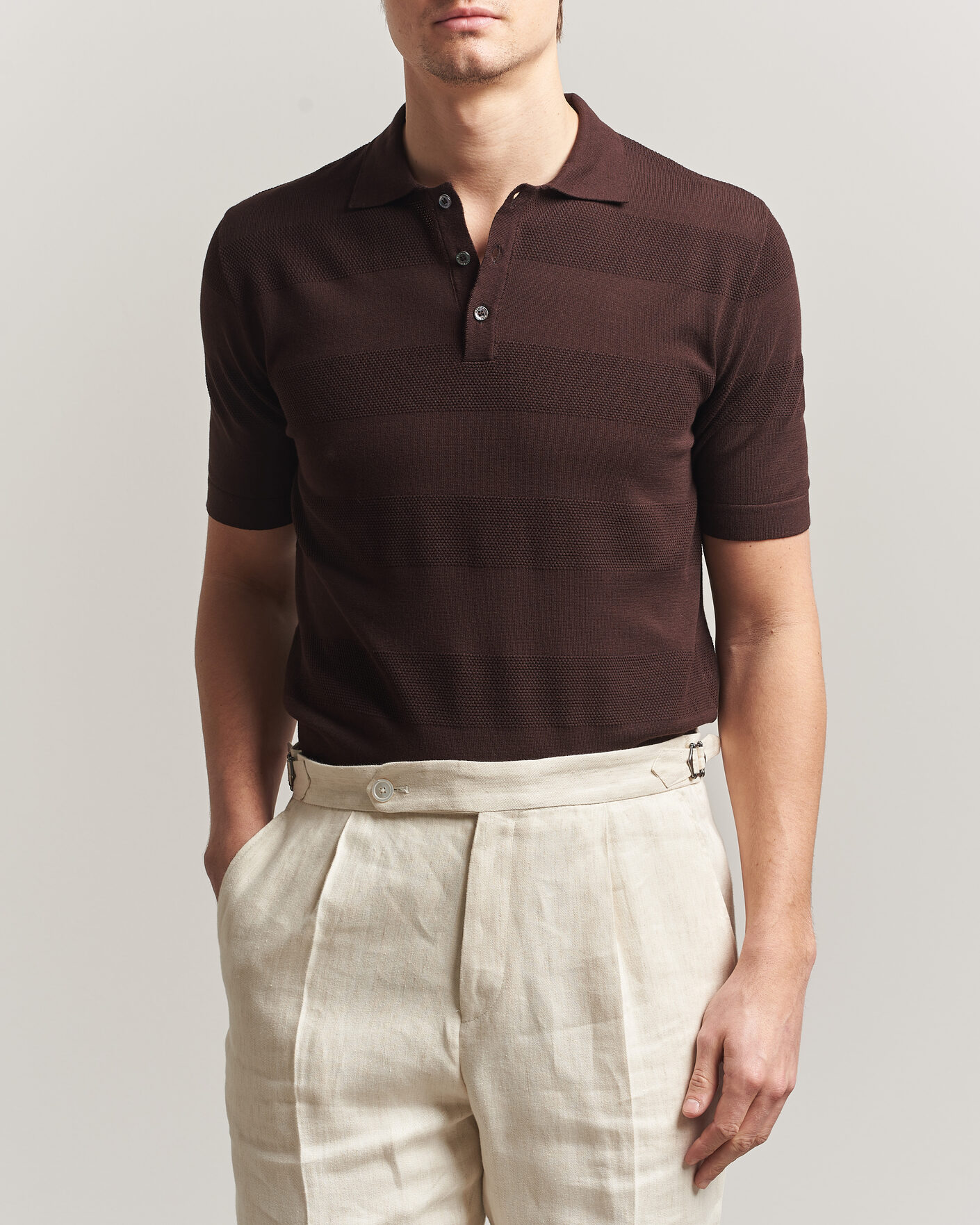 Homme | Polos | Altea | Block Stripe Knitted Polo Dark Brown