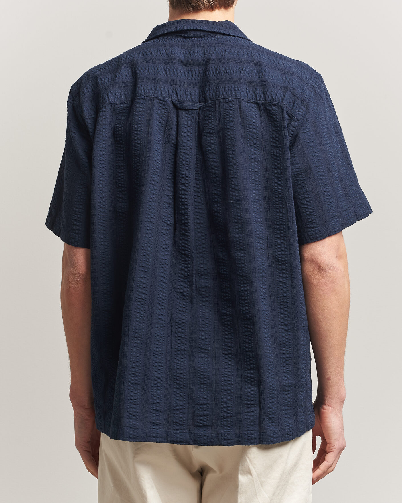 Heren | Overhemden | Forét | Peer Jacquard Stripe Regular Fit SS Shirt Navy