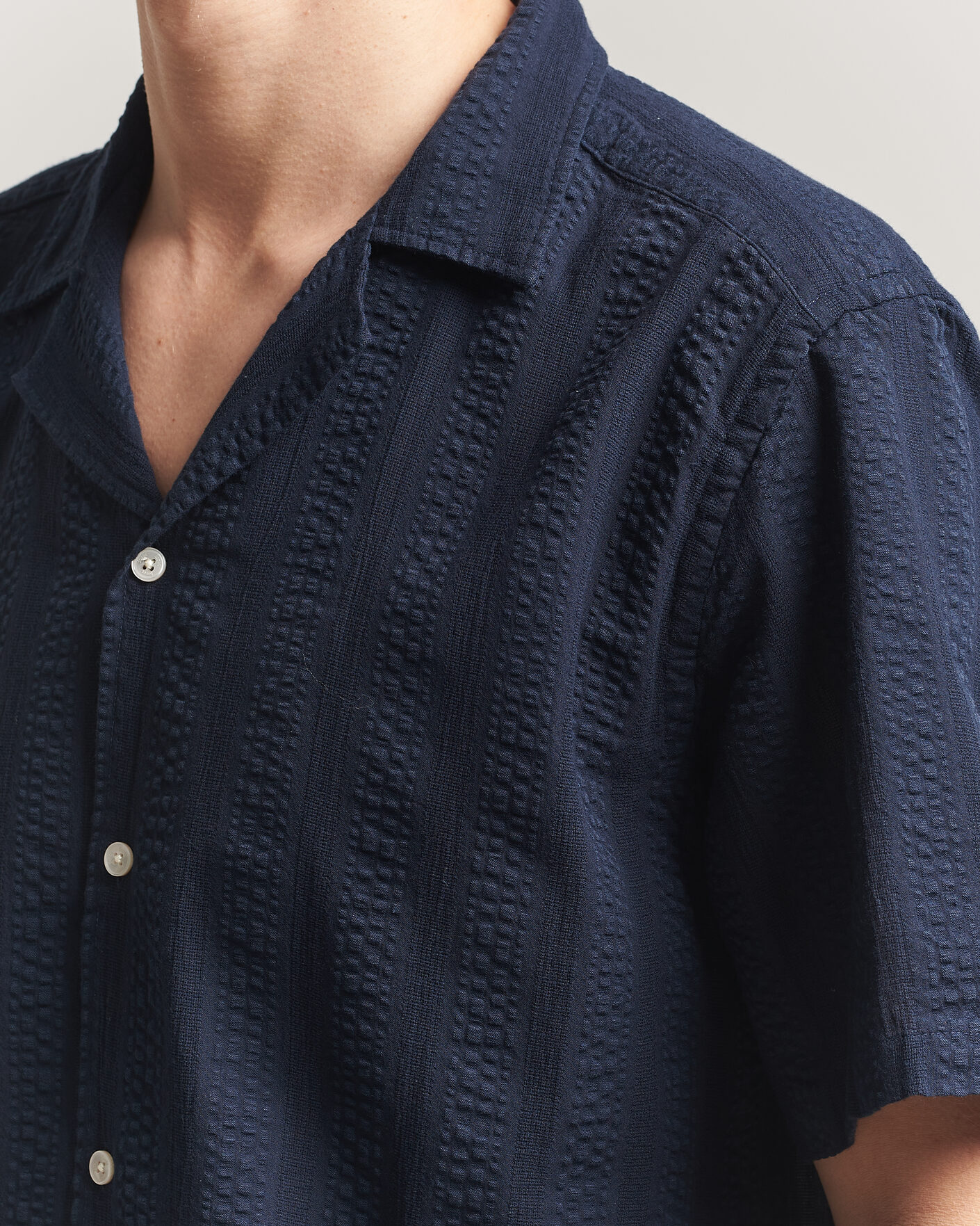 Heren | Overhemden | Forét | Peer Jacquard Stripe Regular Fit SS Shirt Navy