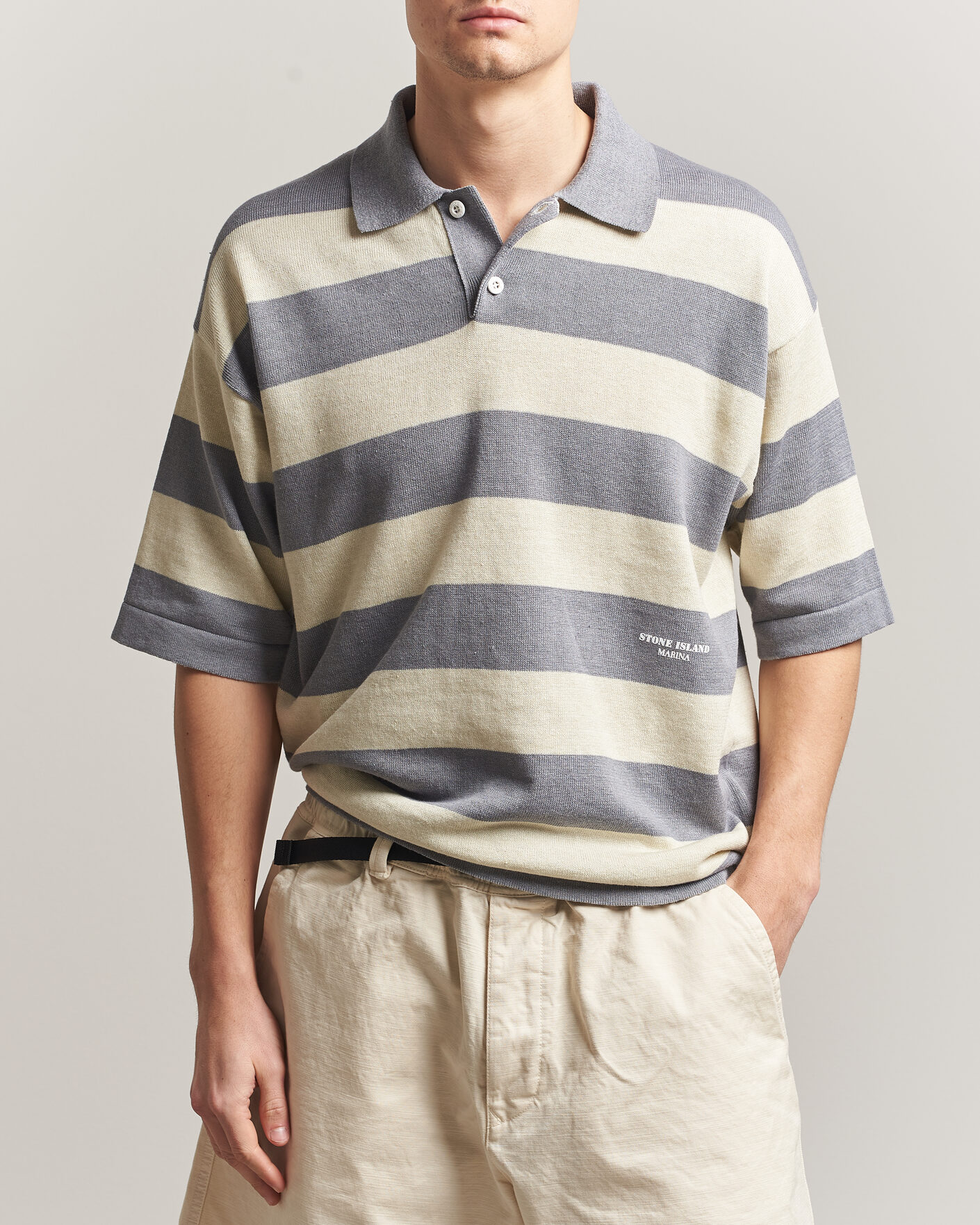 Heren | Polo's | Stone Island | Marina Knitted Cotton/Linen Polo Ivory Melange