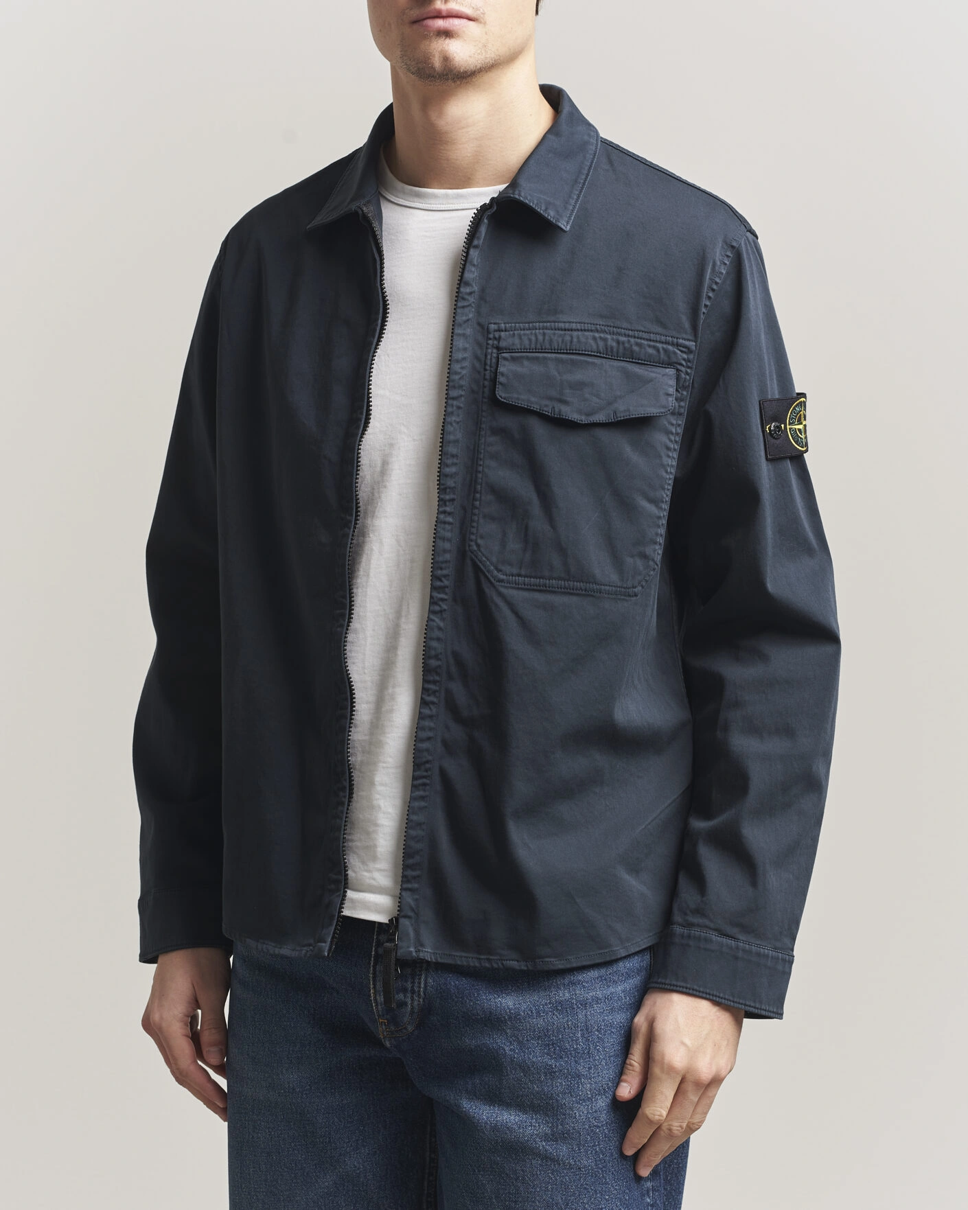 Homme | Chemises | Stone Island | Cotton Stretch Zip Overshirt Navy