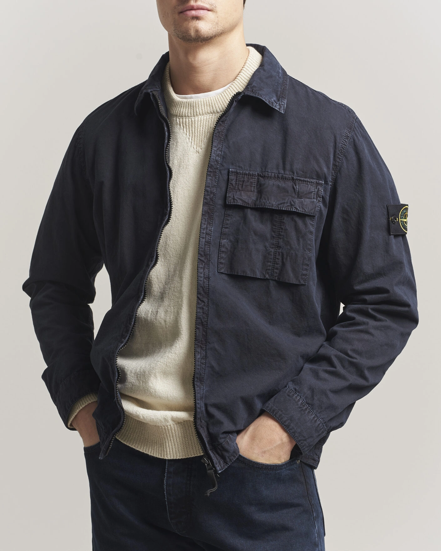 Homme | Chemises | Stone Island | Brushed Cotton Canvas Zip Overshirt Navy