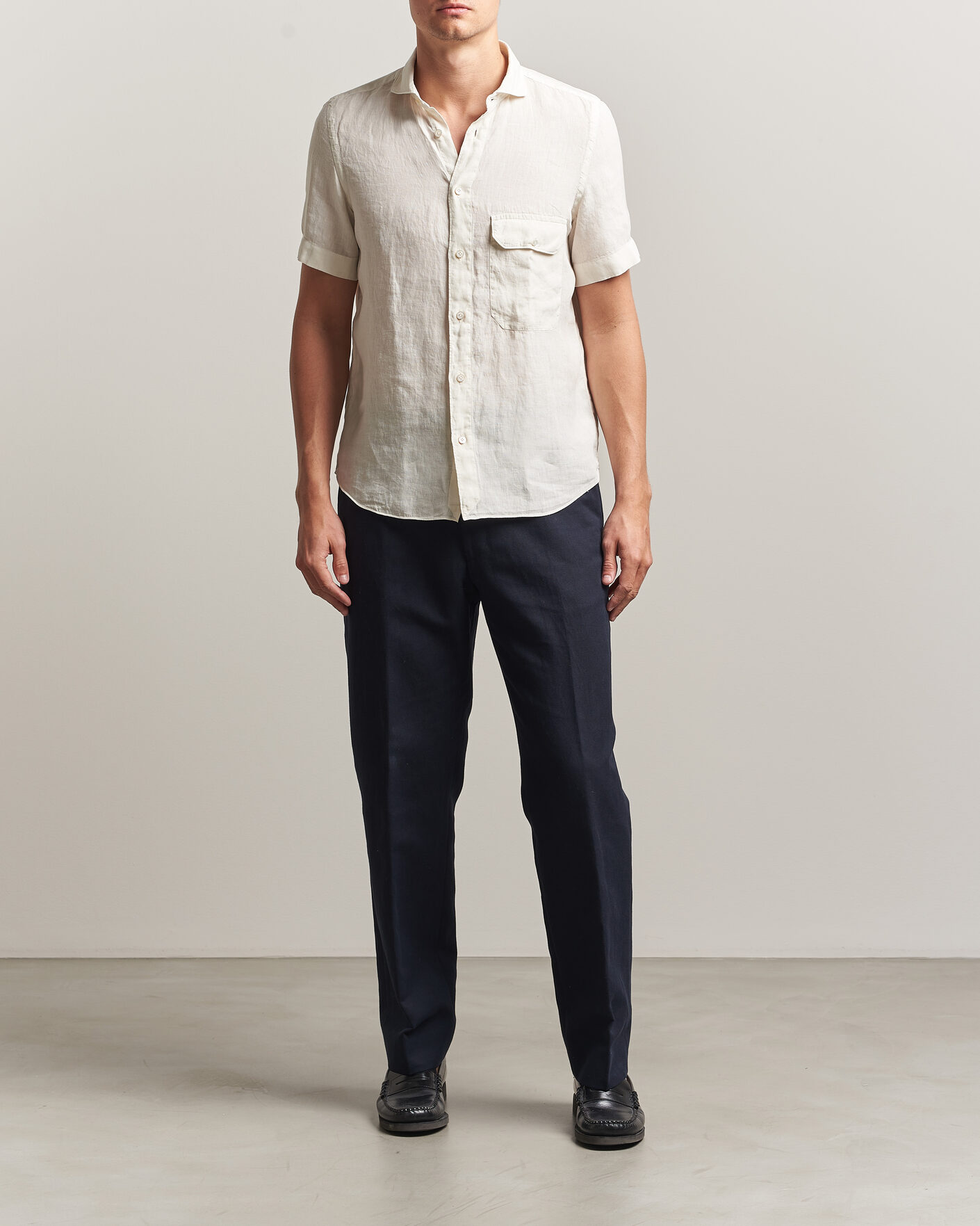 Homme | Chemises | Finamore Napoli | Linen Short Sleeve Sport Shirt Off White