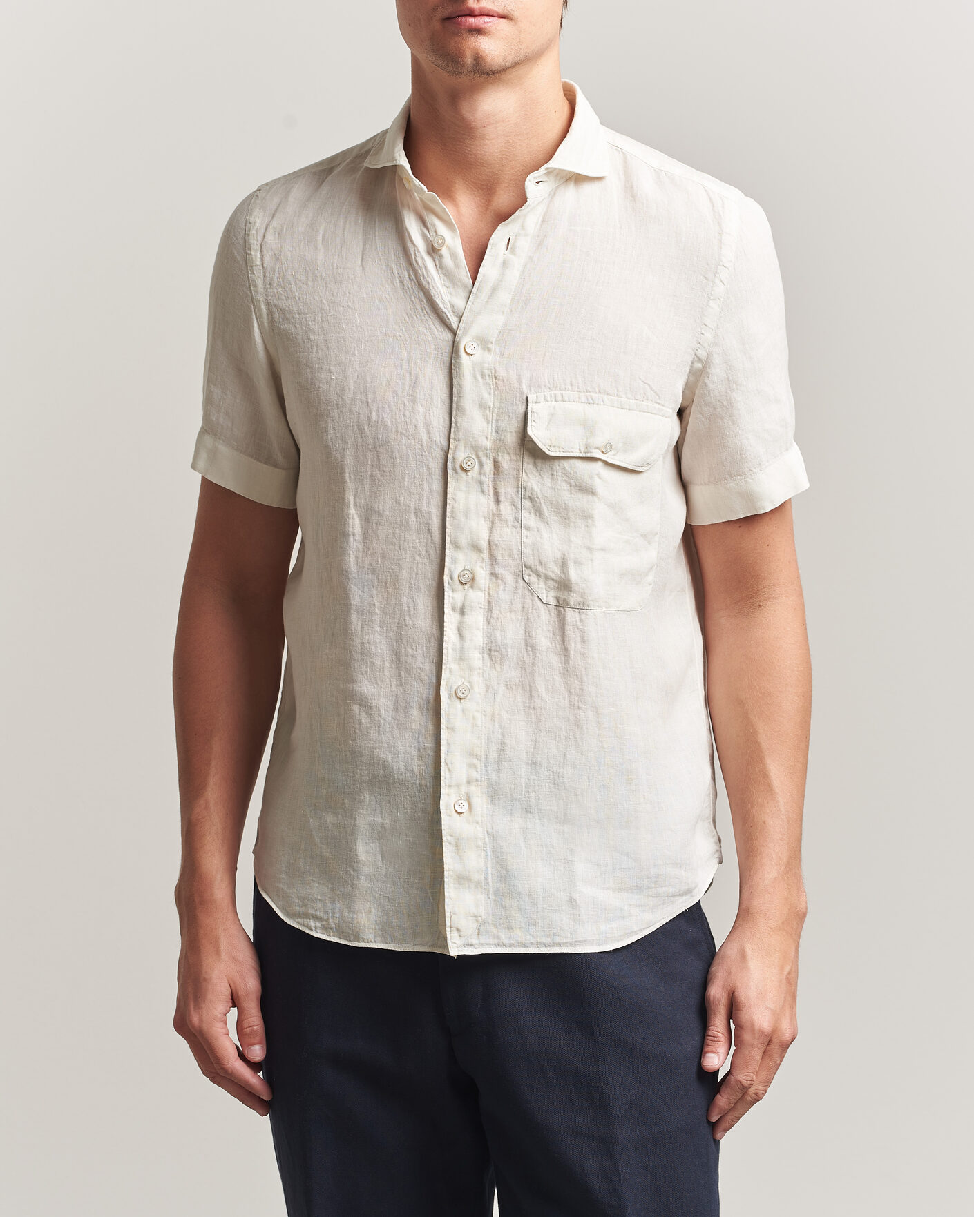 Homme | Chemises | Finamore Napoli | Linen Short Sleeve Sport Shirt Off White
