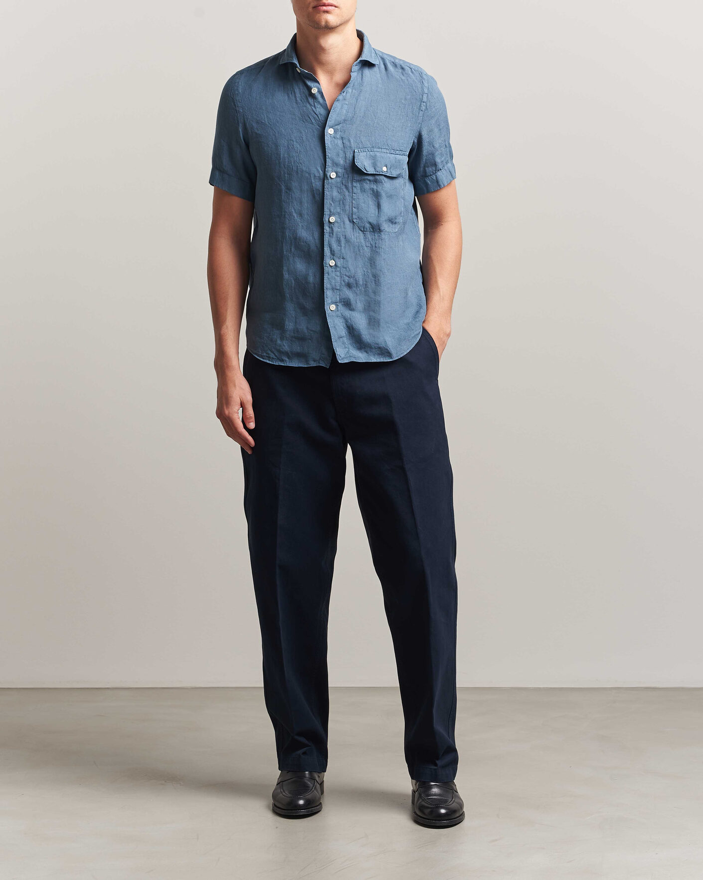 Homme | Chemises | Finamore Napoli | Linen Short Sleeve Sport Shirt Dark Blue