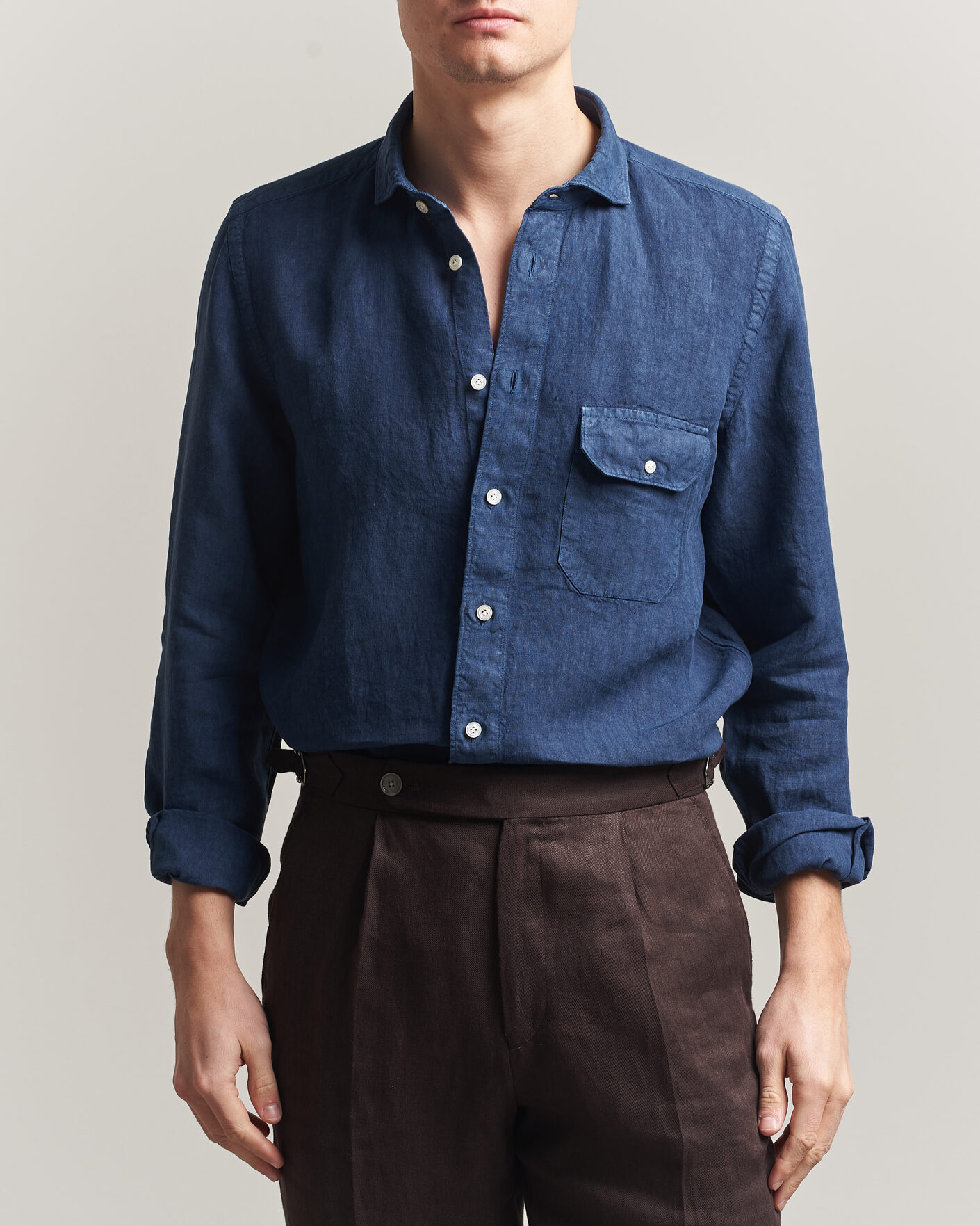 Homme | Chemises | Finamore Napoli | Salina Garment Dyed Linen Overshirt Navy
