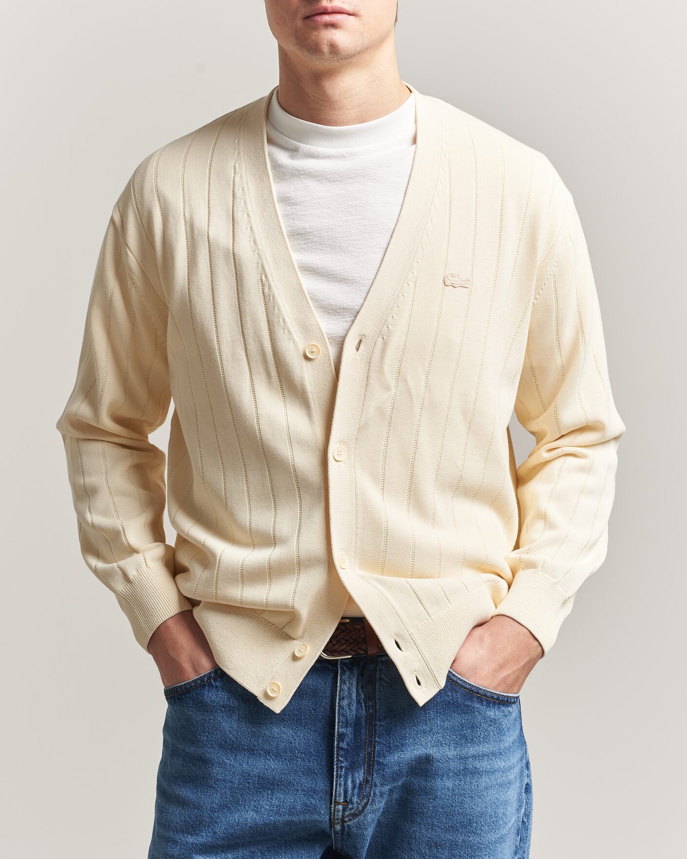 Homme | Pulls Et Tricots | Lacoste | Cotton Structured Knitted Cardigan Naturel Clair