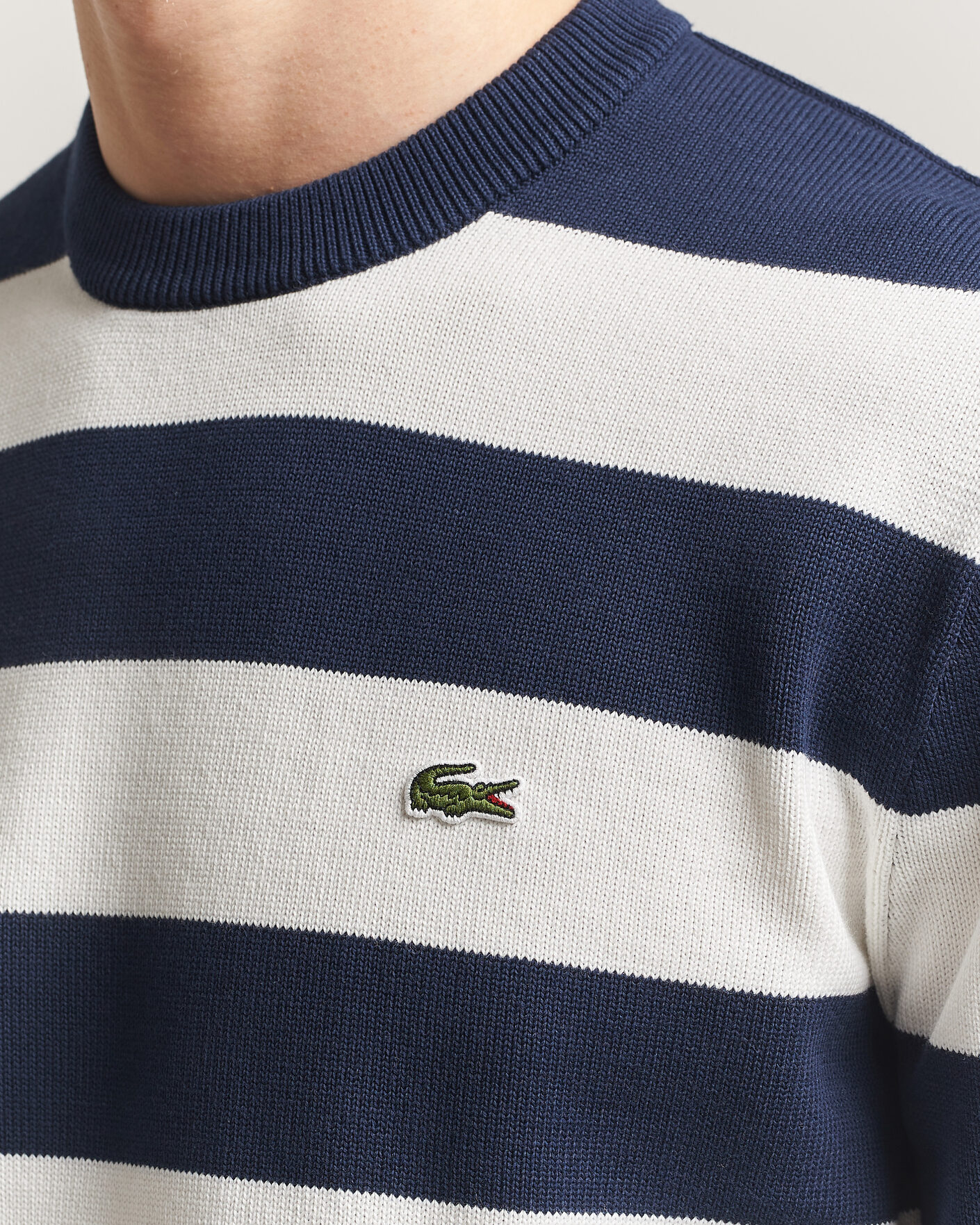 Heren | Truien | Lacoste | Cotton Knitted Striped Sweater Navy Blue/Flour