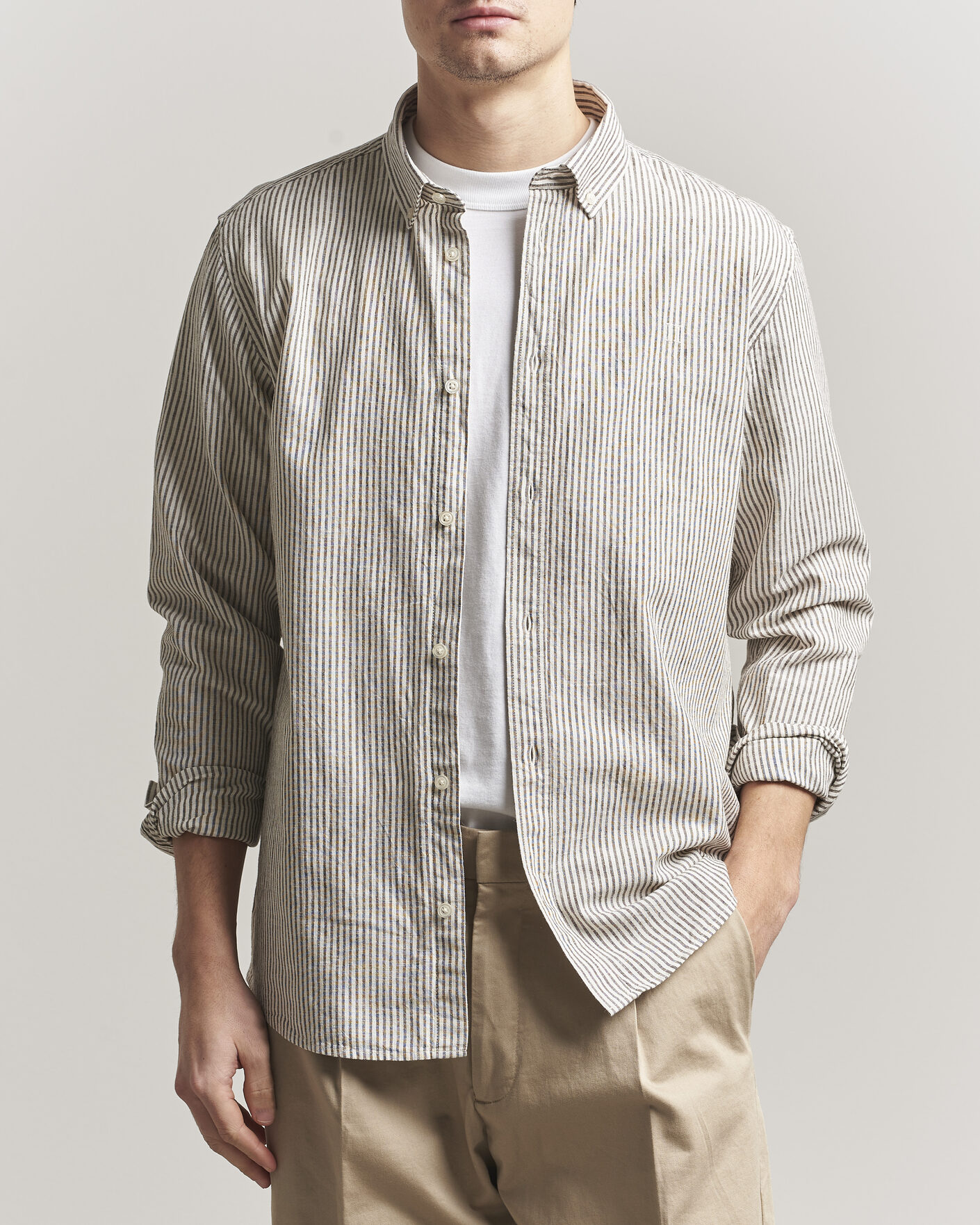 Heren | Overhemden | LES DEUX | Konrad Striped Cotton/Linen Shirt Teak Brown