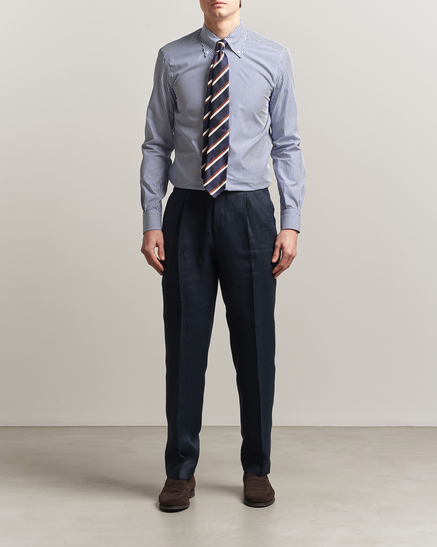 Heren | Overhemden | Mazzarelli | Soft Cotton Button Down Shirt Blue Stripe