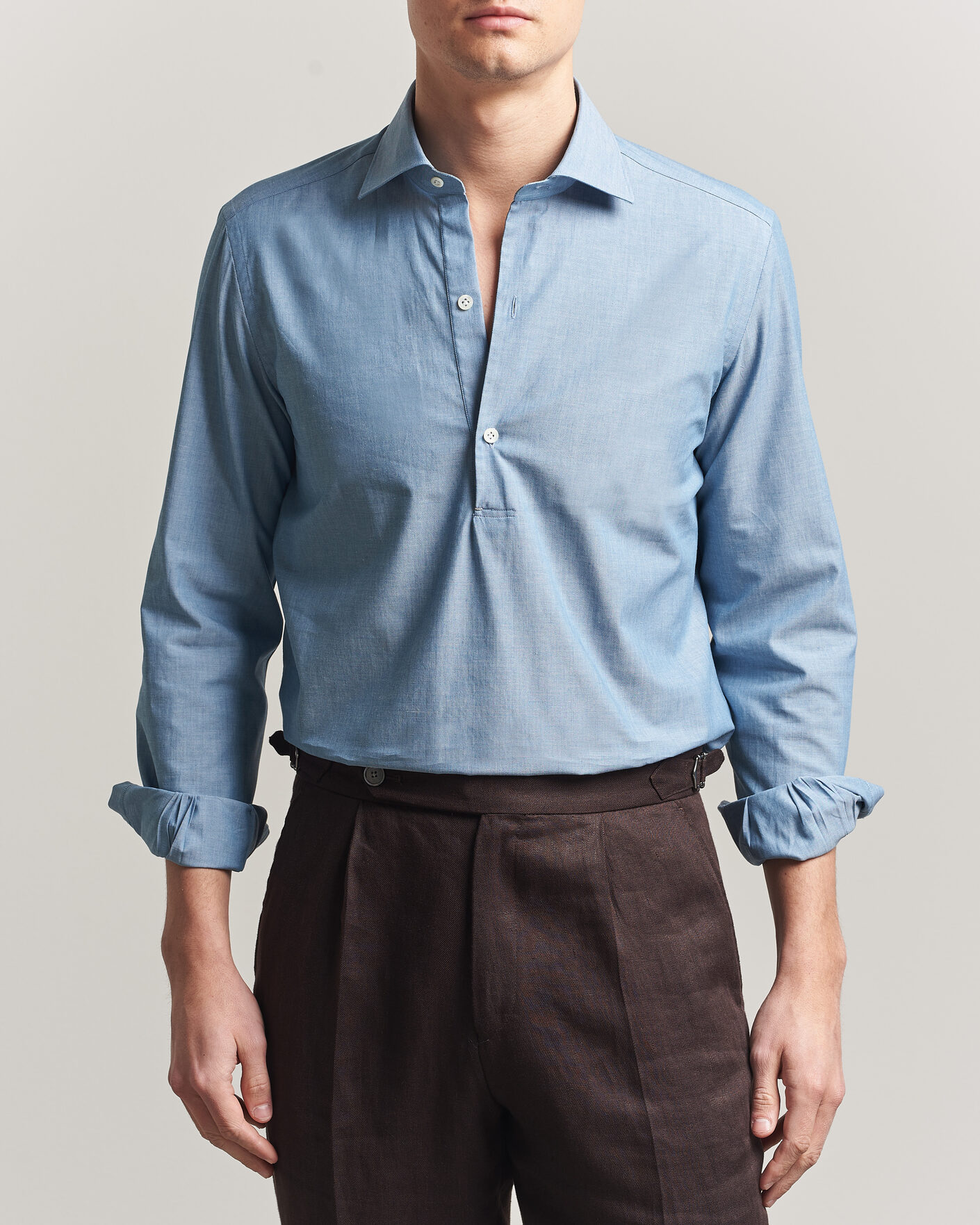 Heren | Overhemden | Mazzarelli | Soft Cotton Denim Popover Shirt Blue