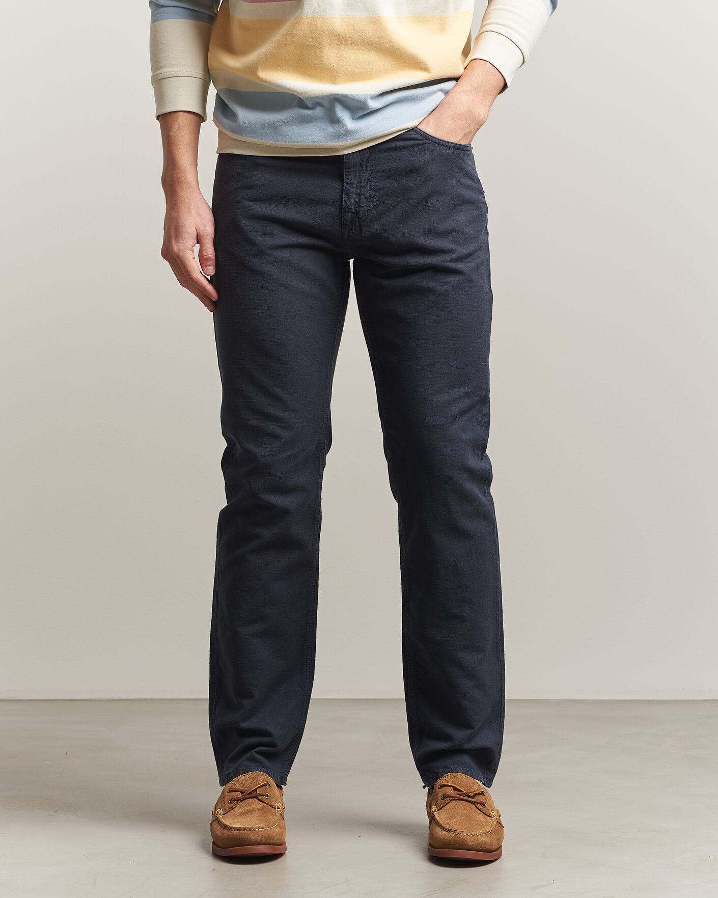 Heren | Broeken | Morris | James Washed Linen 5-Pocket Pants Dark Blue