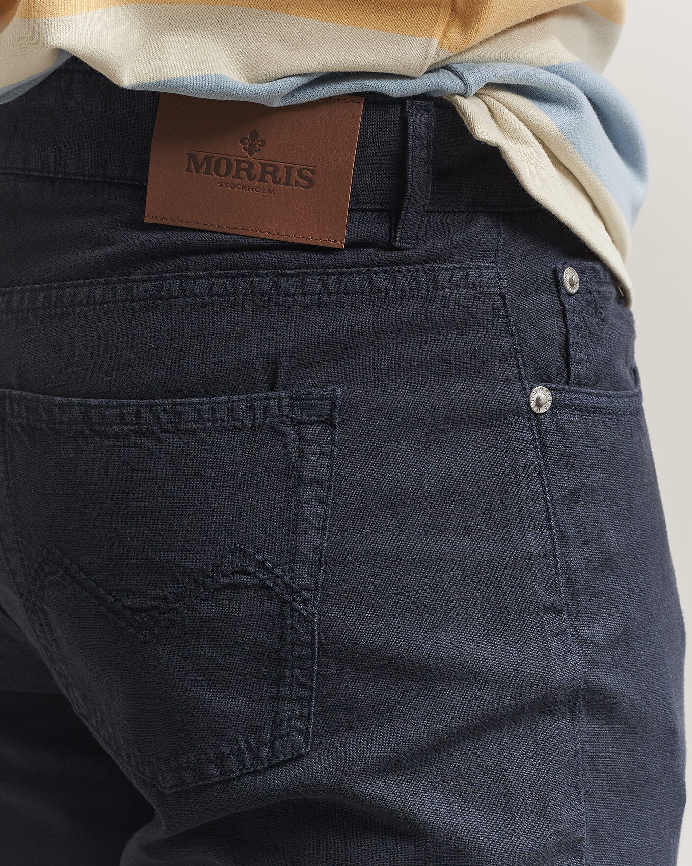 Heren | Broeken | Morris | James Washed Linen 5-Pocket Pants Dark Blue