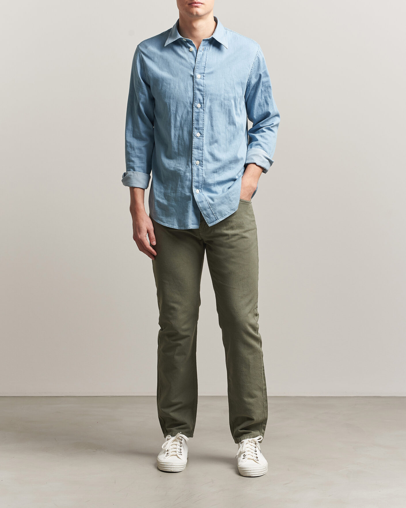 Heren | Broeken | Morris | James Washed Linen 5-Pocket Pants Olive