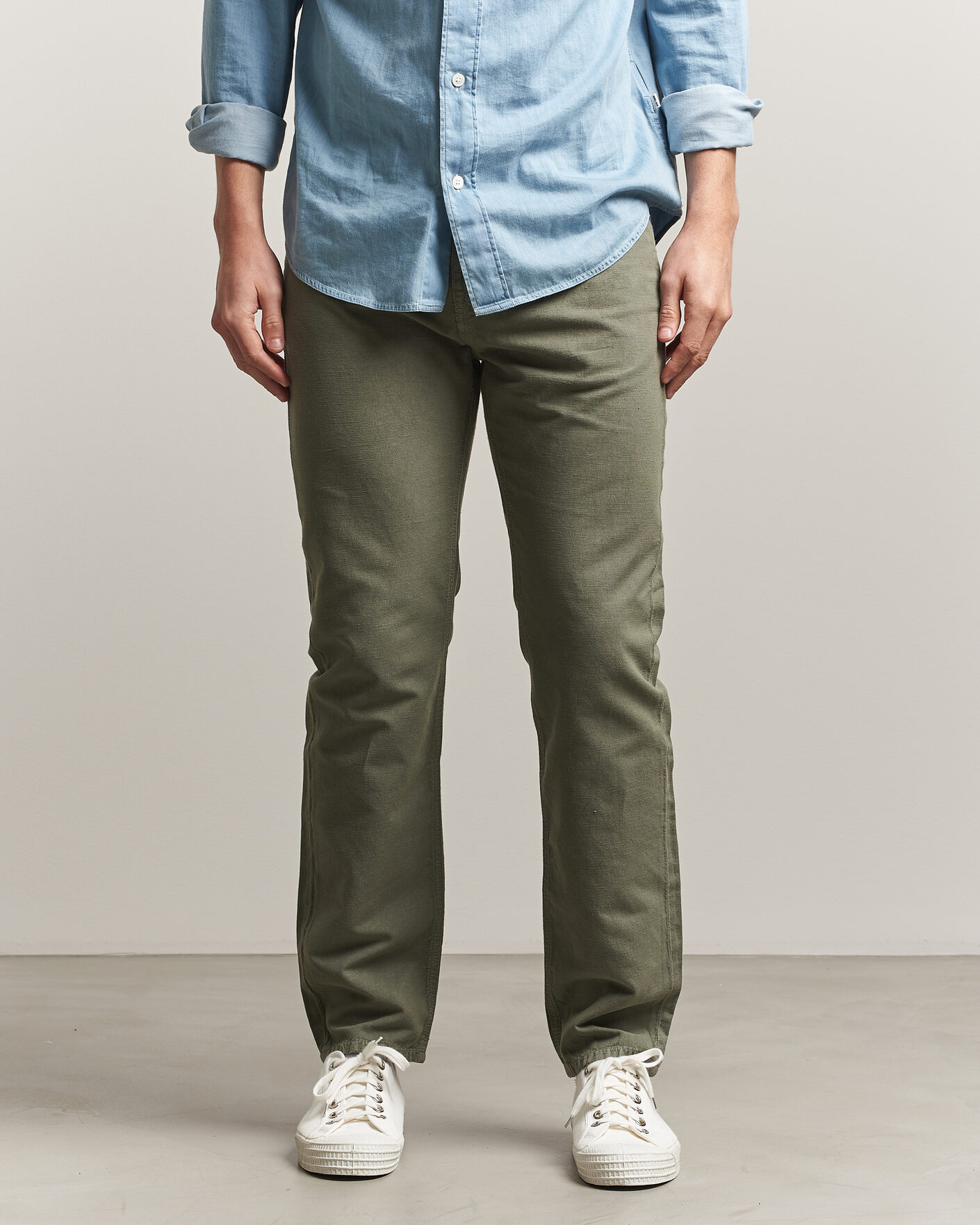 Heren | Broeken | Morris | James Washed Linen 5-Pocket Pants Olive