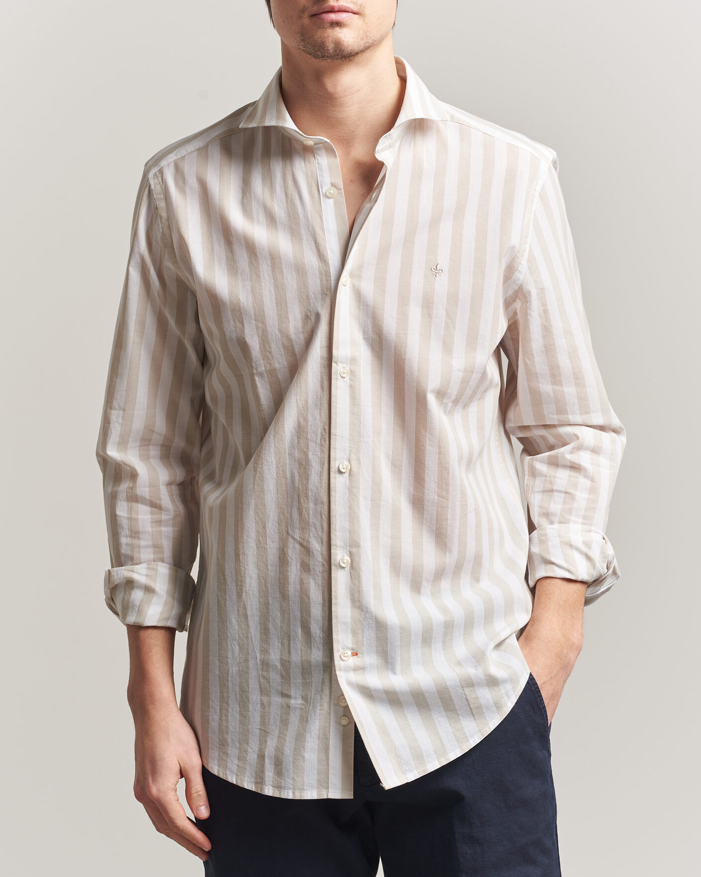 Heren | Overhemden | Morris | Summer Striped Lighweight Shirt Khaki/White