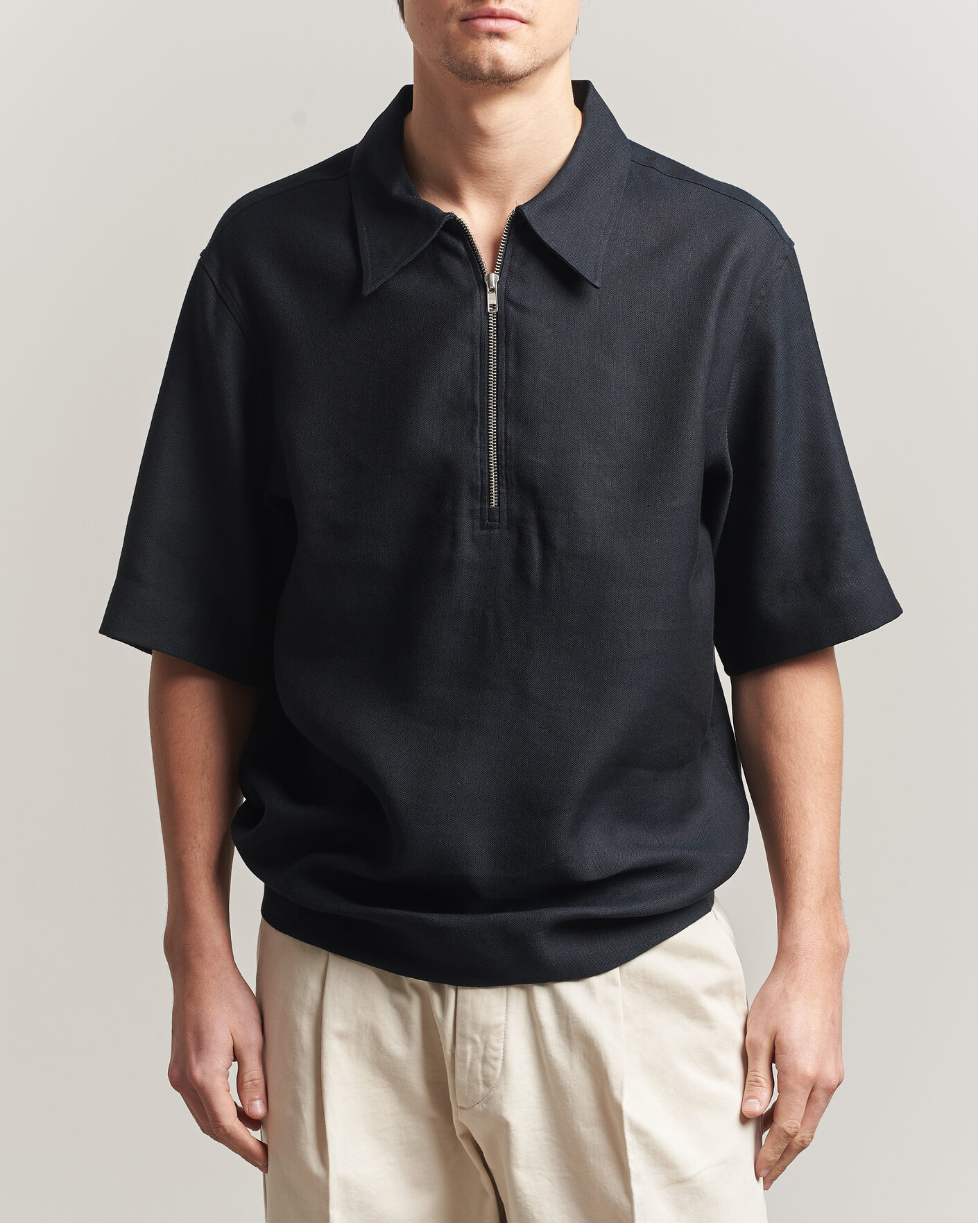 Homme | Polos | NN07 | Bruno Linen/Viscose Half Zip Polo Black