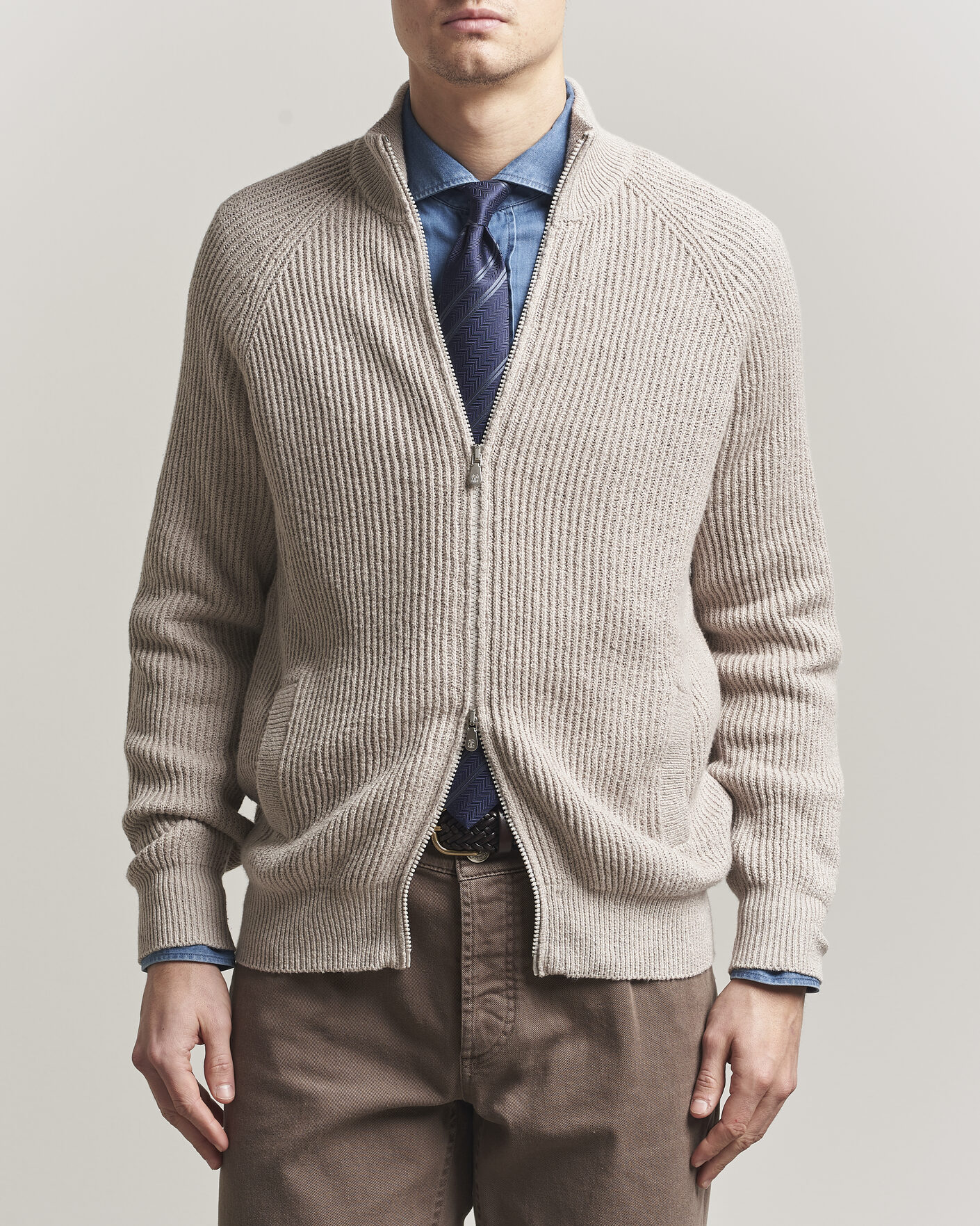 Heren | Truien | Brunello Cucinelli | Heavy Cotton Rib Zip Cardigan Beige