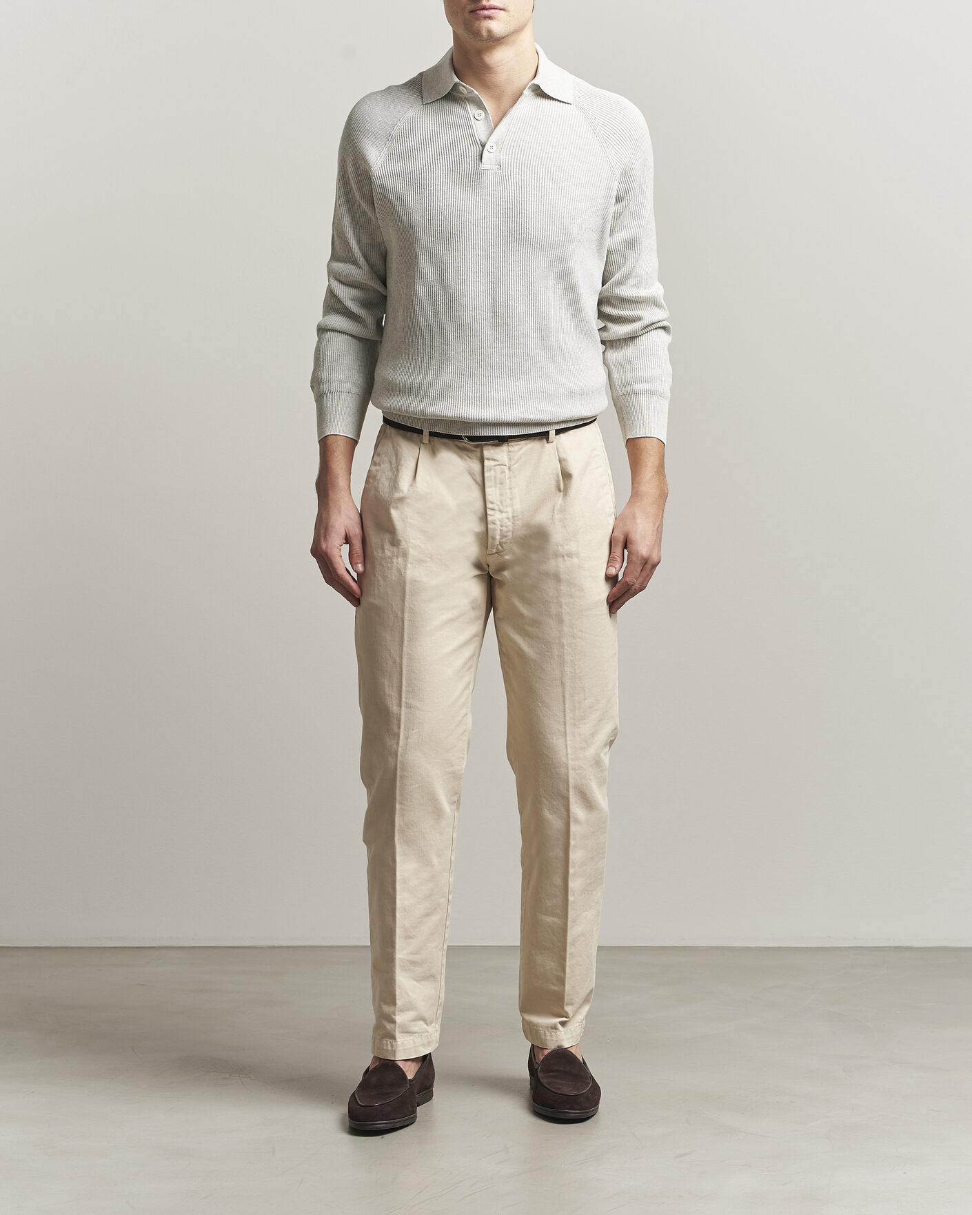 Heren | Truien | Brunello Cucinelli | Cotton Rib Knitted Long Sleeve Polo Light Grey