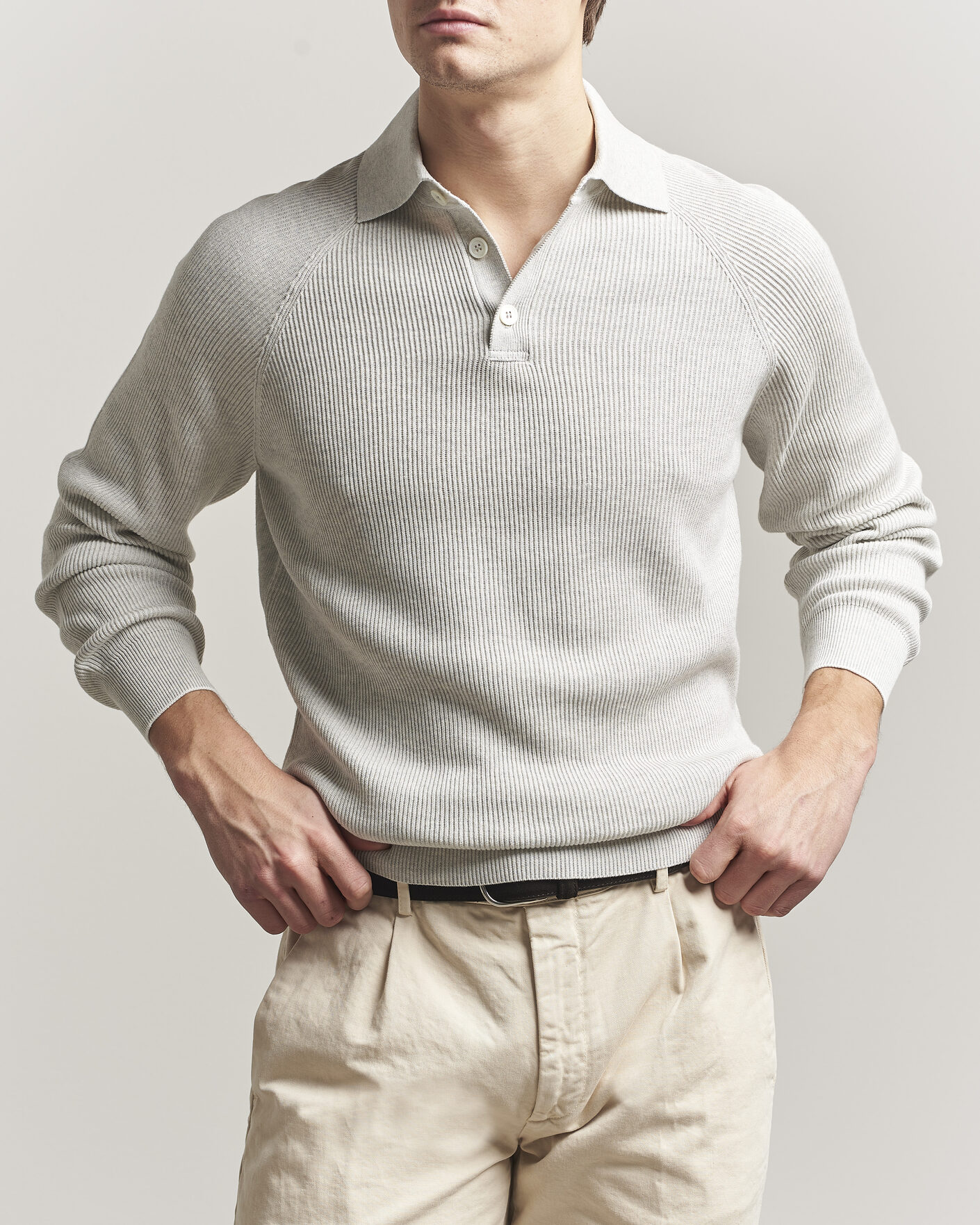 Heren | Truien | Brunello Cucinelli | Cotton Rib Knitted Long Sleeve Polo Light Grey