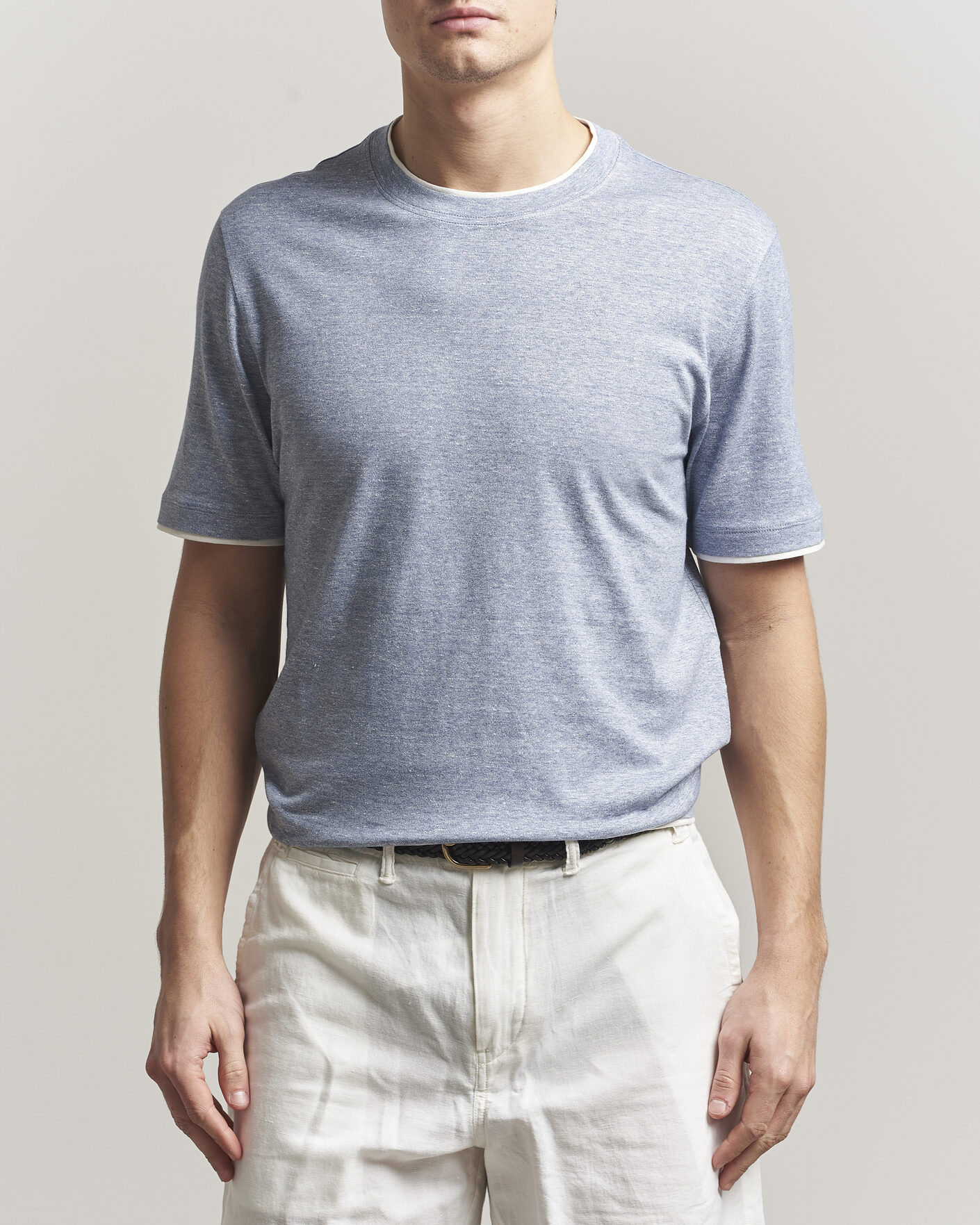 Homme | T-shirts | Brunello Cucinelli | Double Collar Linen T-Shirt Light Blue
