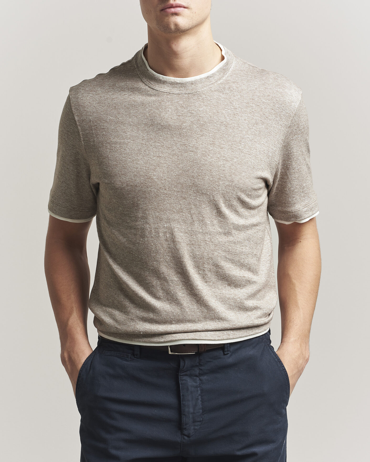 Homme | T-shirts | Brunello Cucinelli | Double Collar Linen T-Shirt Brown